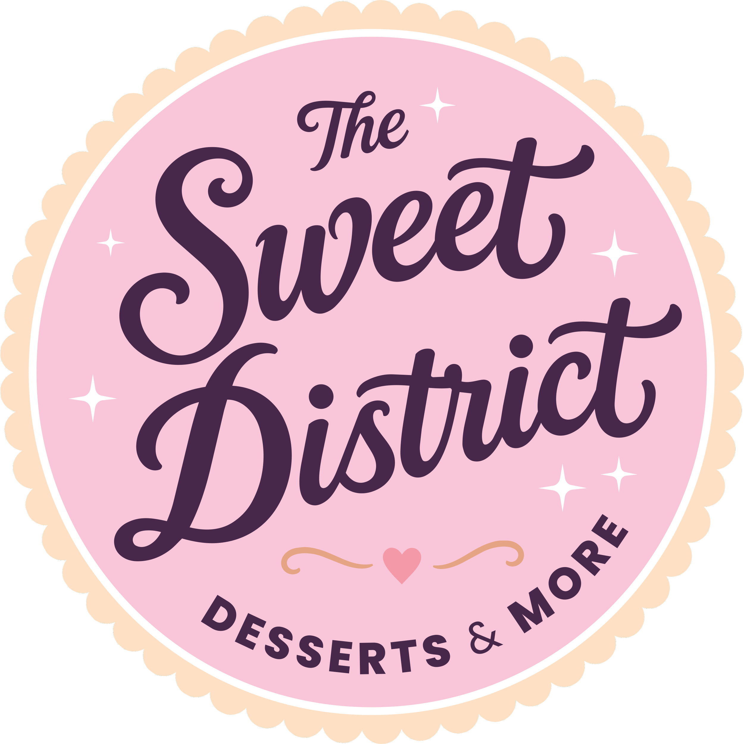 A circular badge with a pink background and scalloped beige border, featuring the text 'The Sweetest Desserts & More' in purple with small white star accents.