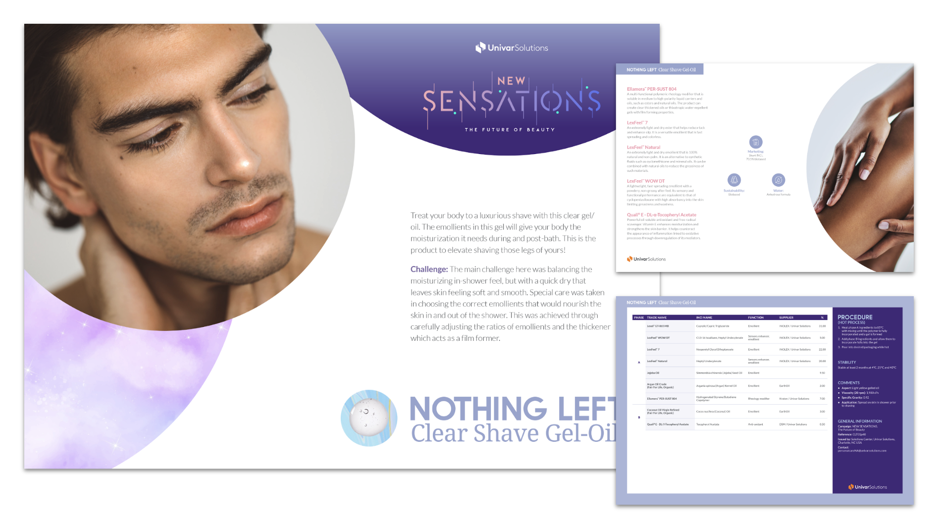 A promotional brochure for a beard grooming product features a close-up of a young man's face with a well-groomed beard, and a woman's hand touching her arm. The brochure highlights a clear shave gel-oil and its benefits for moisturizing and grooming. The background includes a galaxy theme with purple and light blue colors, and the text describes product features, challenges, and procedures.