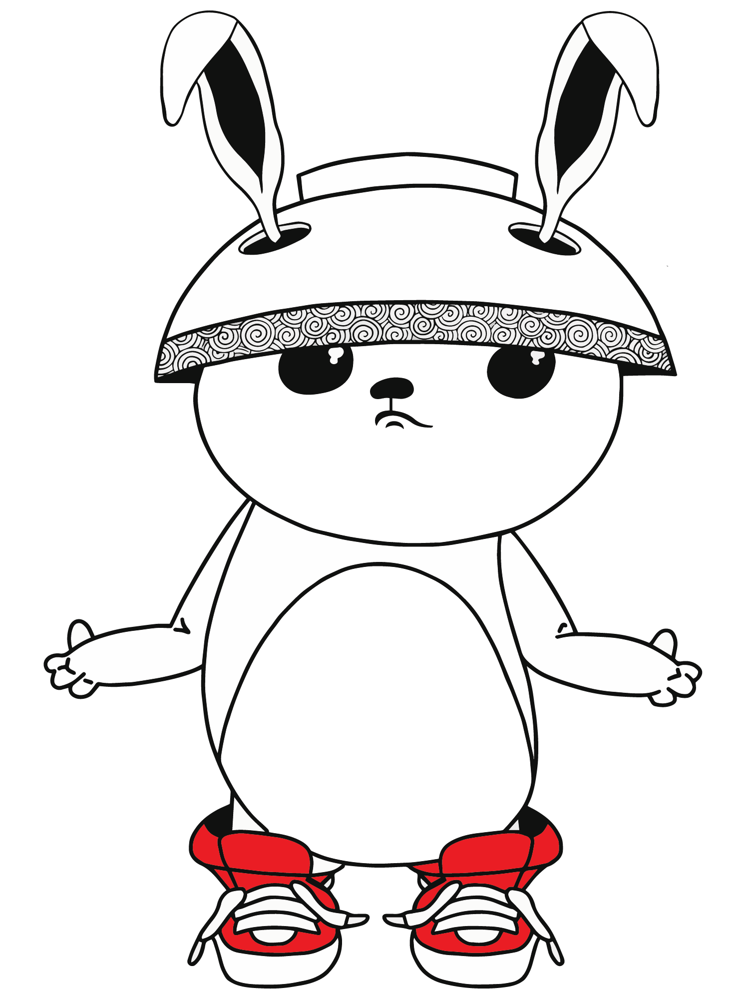 Black and white cartoon illustration of a mouse wearing red sneakers, a headband with a swirl pattern, and a hat with long ears protruding.