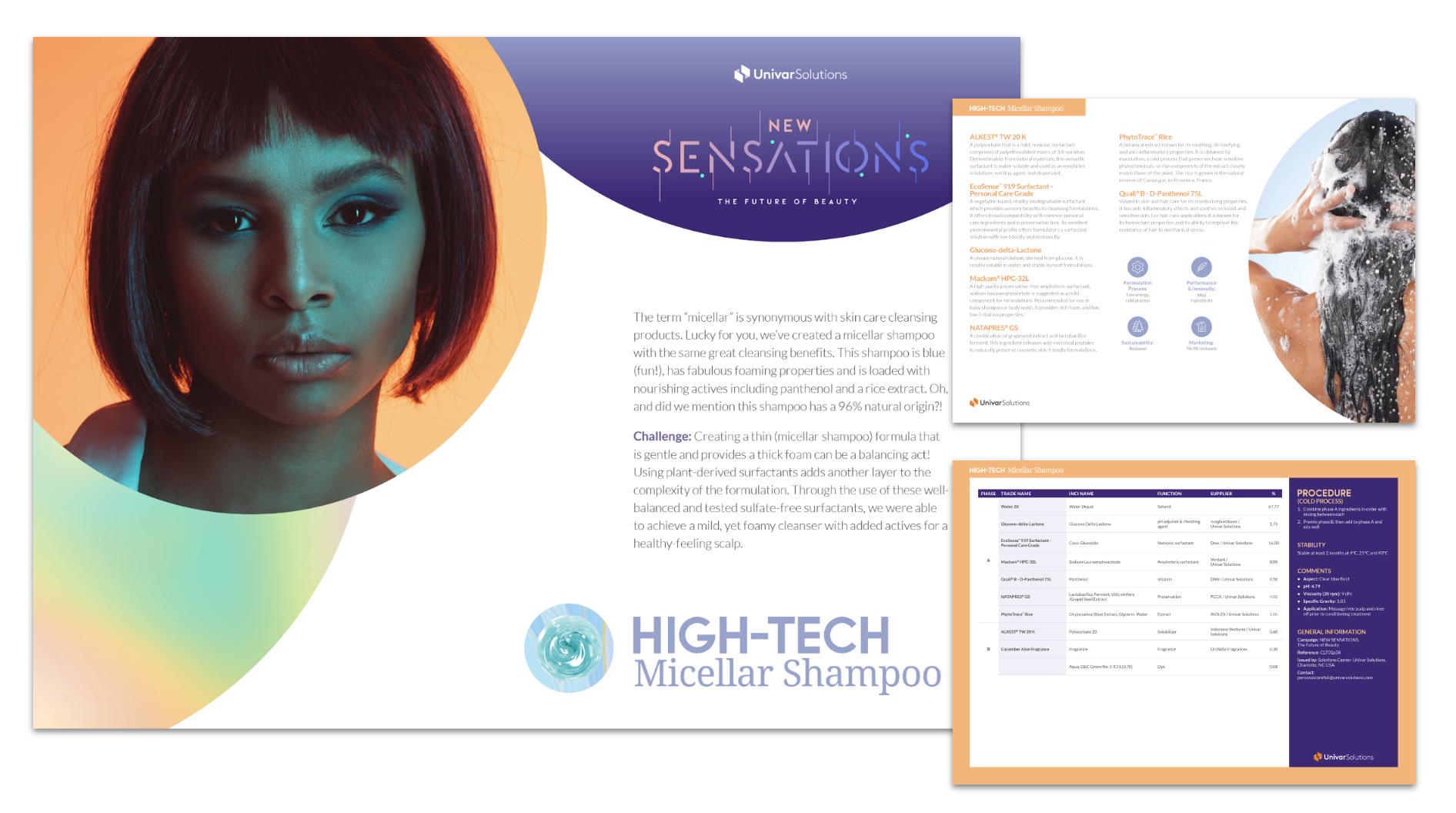 A promotional flyer for High-Tech Micellar Shampoo featuring a woman with short red hair and bold makeup on the left. To the right, there's a section of product details with various ingredients, benefits, and technical information, including a small image of someone rinsing shampoo from their hair.