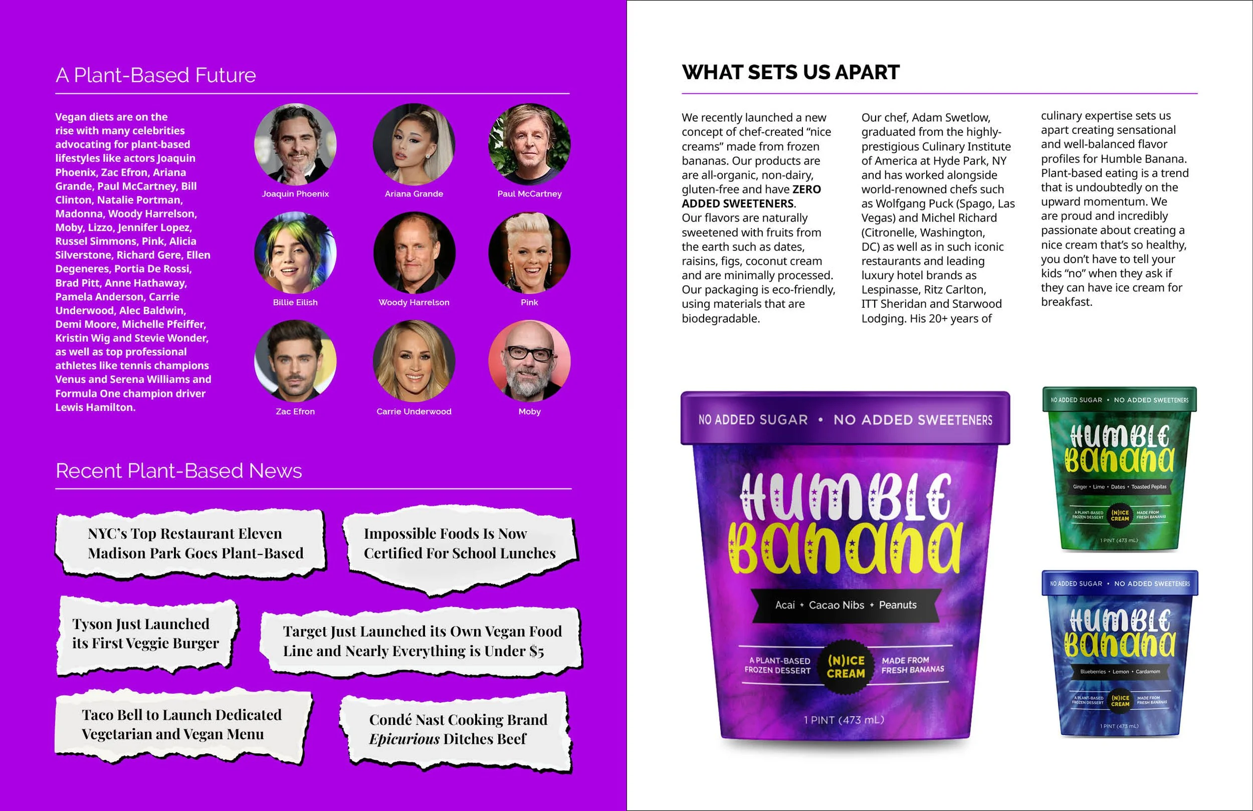 Purple and blue packaging of Humble Banana plant-based frozen dessert with a smaller image of the same product flavor. The packaging states 'No added sugar' and 'Nice cream' made from frozen bananas with flavors like acai, cacao nibs, and peanuts.