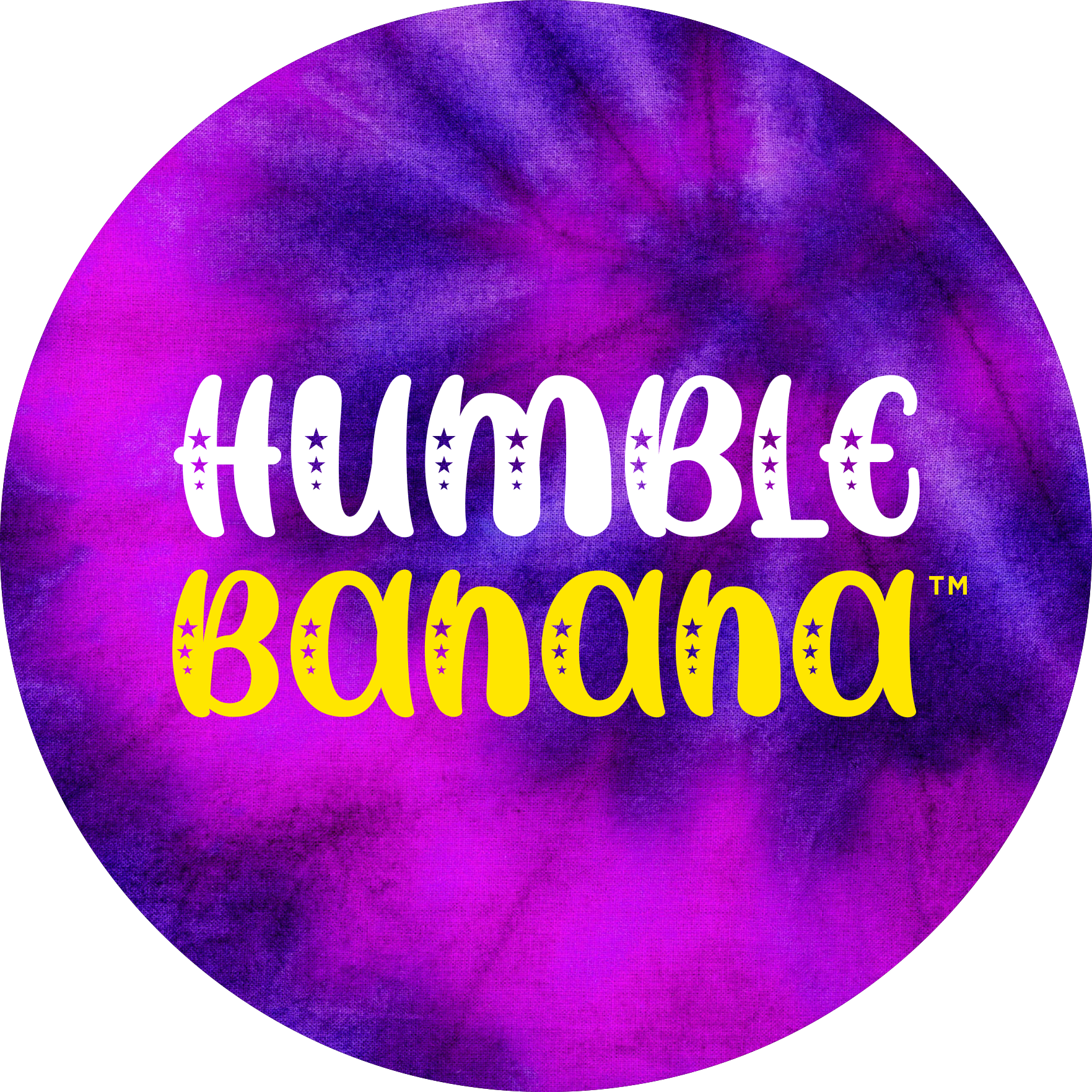 A purple circular background with the words 'HUMBLE' in white and 'ABUNDANT' in yellow, with star accents.