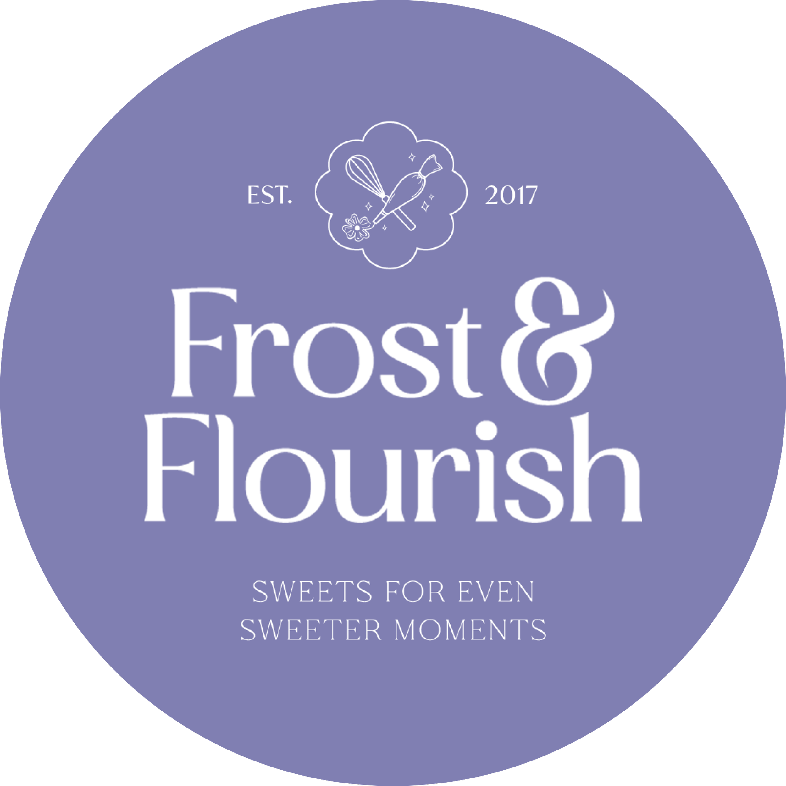 A circular purple design with white text that reads, 'EST. 2017', 'Frost & Flavour', and 'SWEET MOMENTS, SWEETER MOMENTS'. There is also a white line drawing of a pastry or cake with a flower and decorative elements.