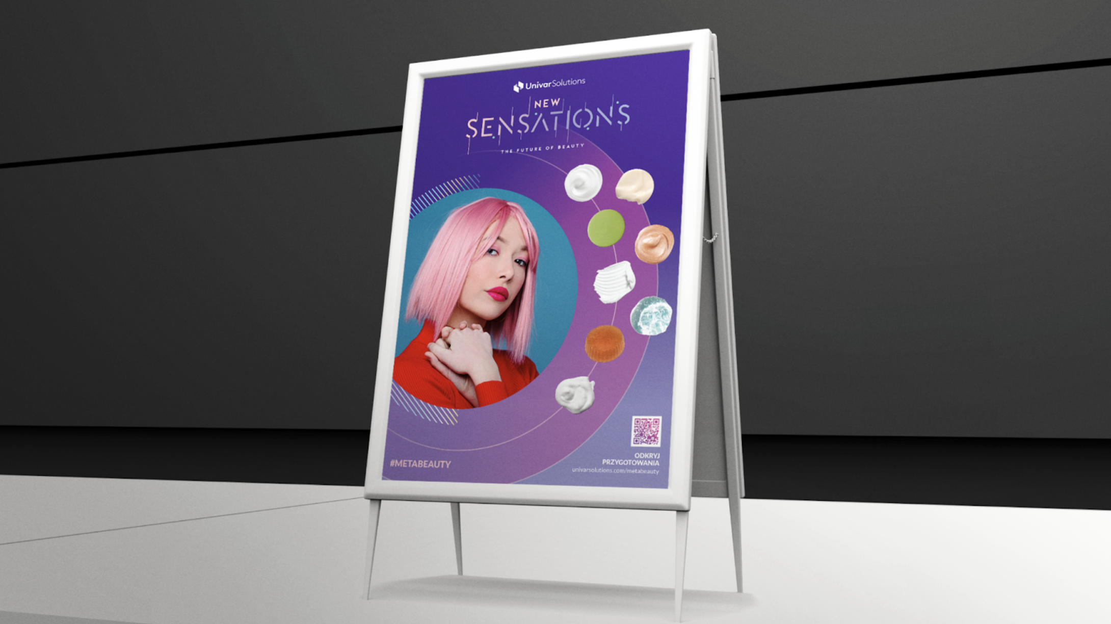 A digital advertisement sign promoting a product called 'Sensations' by Univar Solutions featuring a woman with pink hair and various colorful objects arranged in a circle.