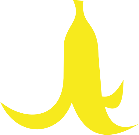 A yellow cartoon banana with a stylized peel against a black background.