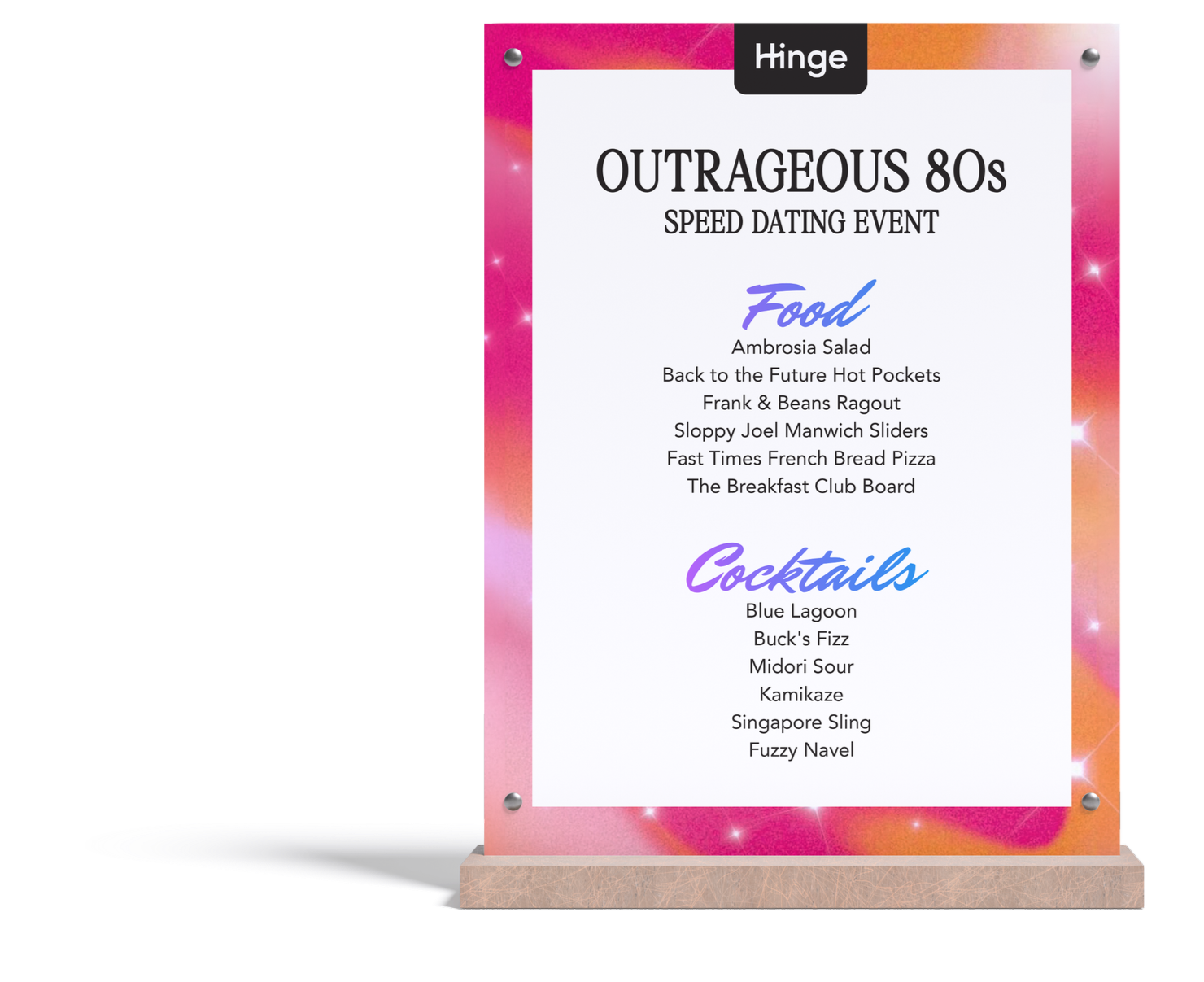 Signboard for an 'Outrageous 80s Speed Dating Event' featuring food and cocktail menus with various items listed.