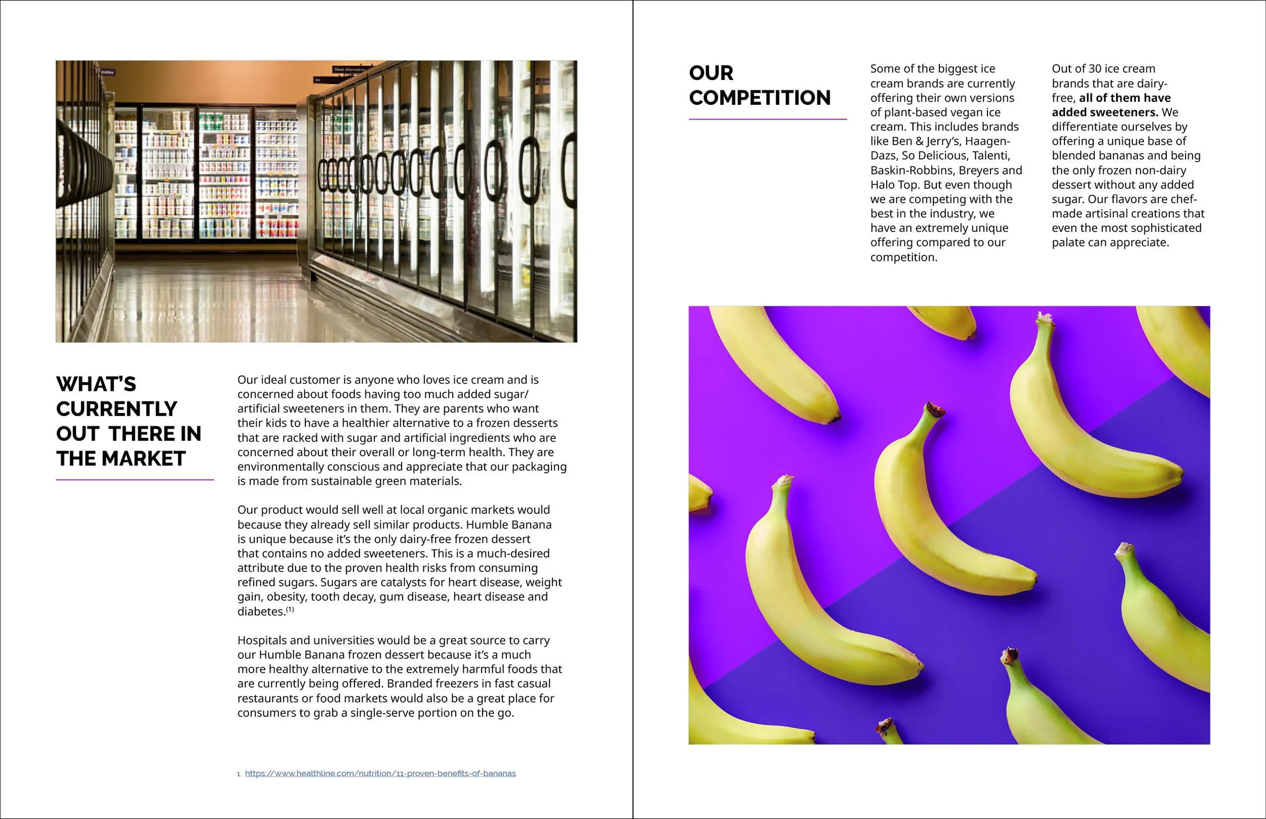 A digital magazine article layout featuring a grocery store aisle filled with ice cream freezers on the left and a large colorful image of ripe bananas on a purple background on the right. The article discusses plant-based vegan ice creams and banana frozen desserts.