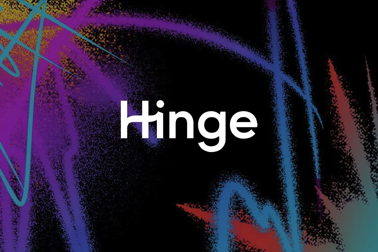Colorful abstract background with the word 'Hinge' written in white font in the center.