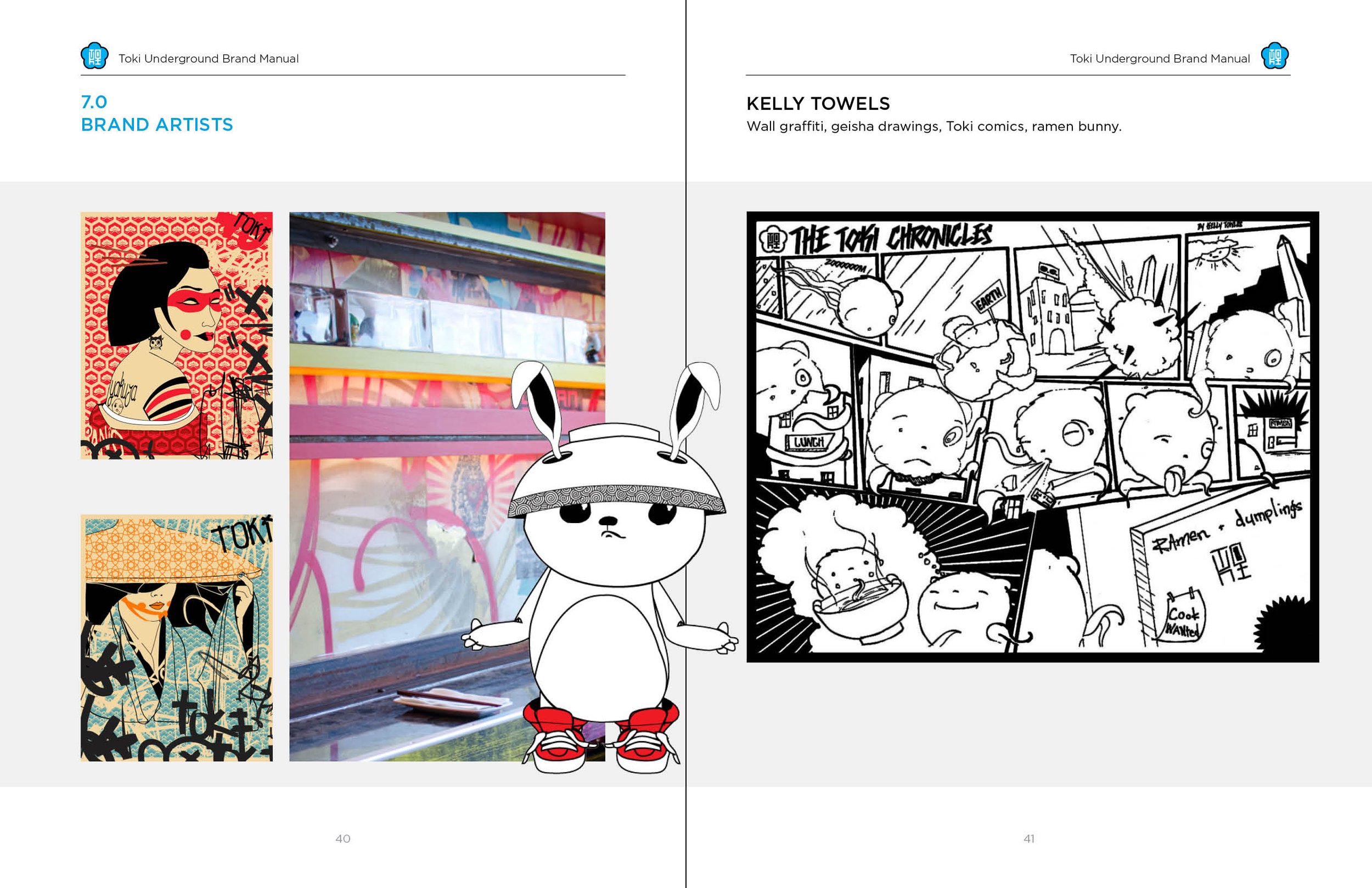 Two pages from a book or manual, one page showing colorful comic art with graffiti and graffiti art, and a cartoon character resembling a bunny, the other page featuring black and white comics of various characters including a bunny eating ramen, a person with a hat, and a person with glasses.