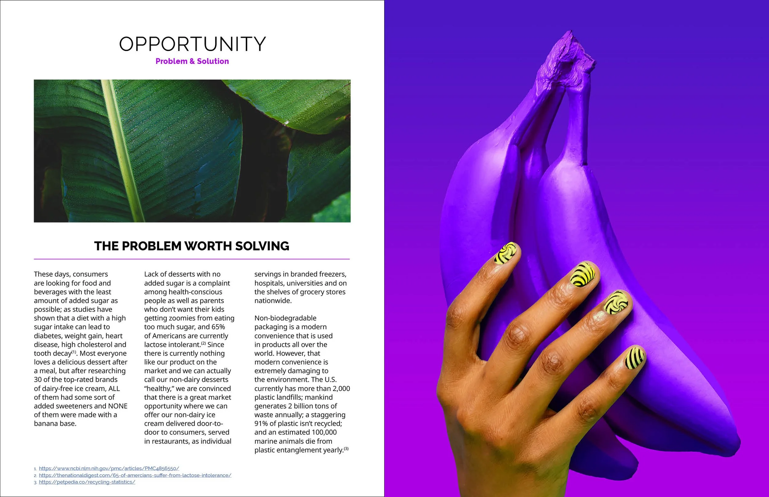 Zoomed-in view of a magazine or brochure with an article on the left page titled "Opportunity Problem & Solution" and a large photograph on the right page showing purple-painted hands with decorated nails holding a purple object, possibly an art piece.