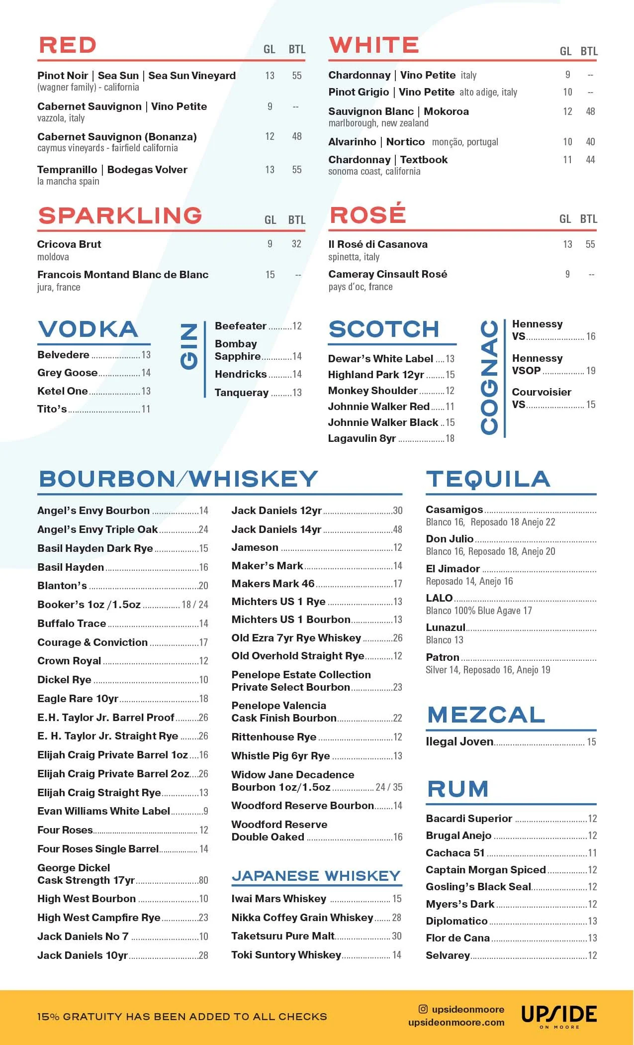 A liquor menu with sections for Red, White, Sparkling, Rosé, Vodka, Gin, Scotch, Cognac, Bourbon/Whiskey, Japanese Whiskey, Tequila, Rum, Mezcal, and Other Spirits. Each section lists various brands and types with prices.