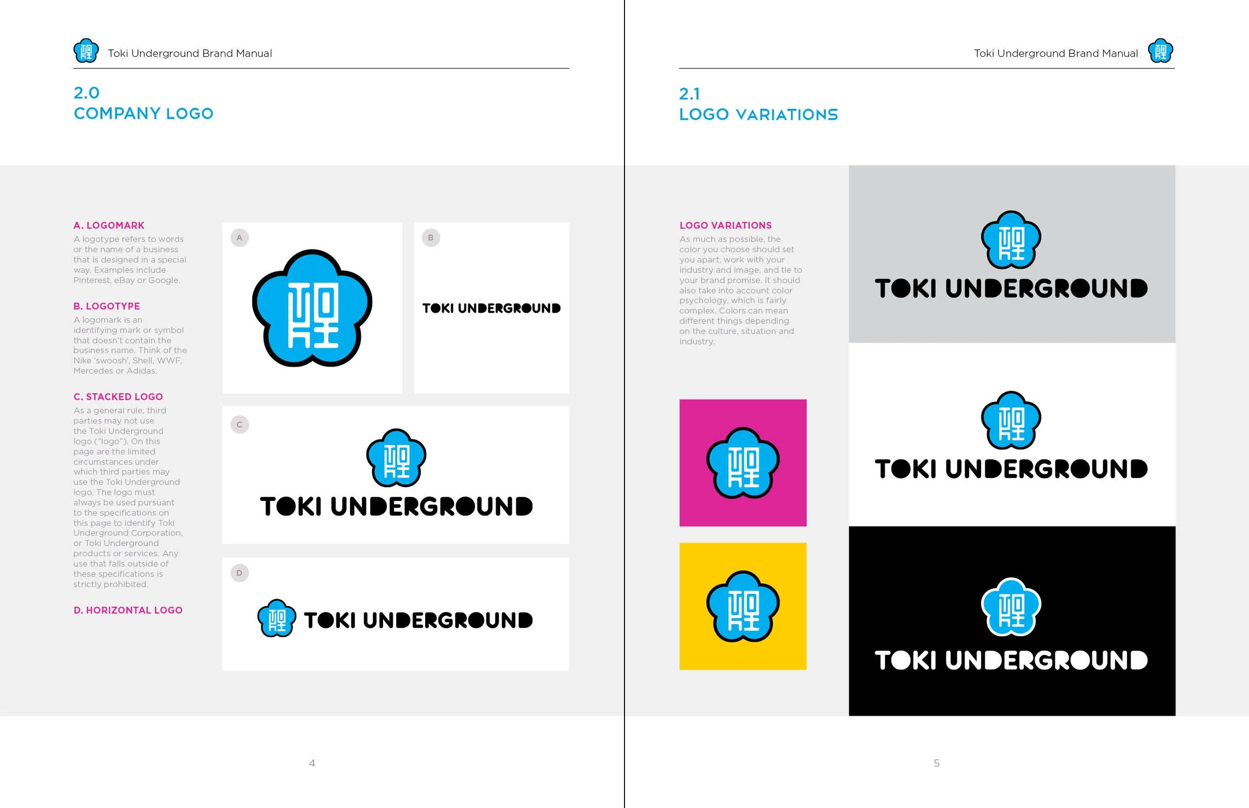 Pages from a branding manual featuring the Toki Underground logo in multiple variations, including the main logo, color variants, stacked and horizontal versions, with instructional text.