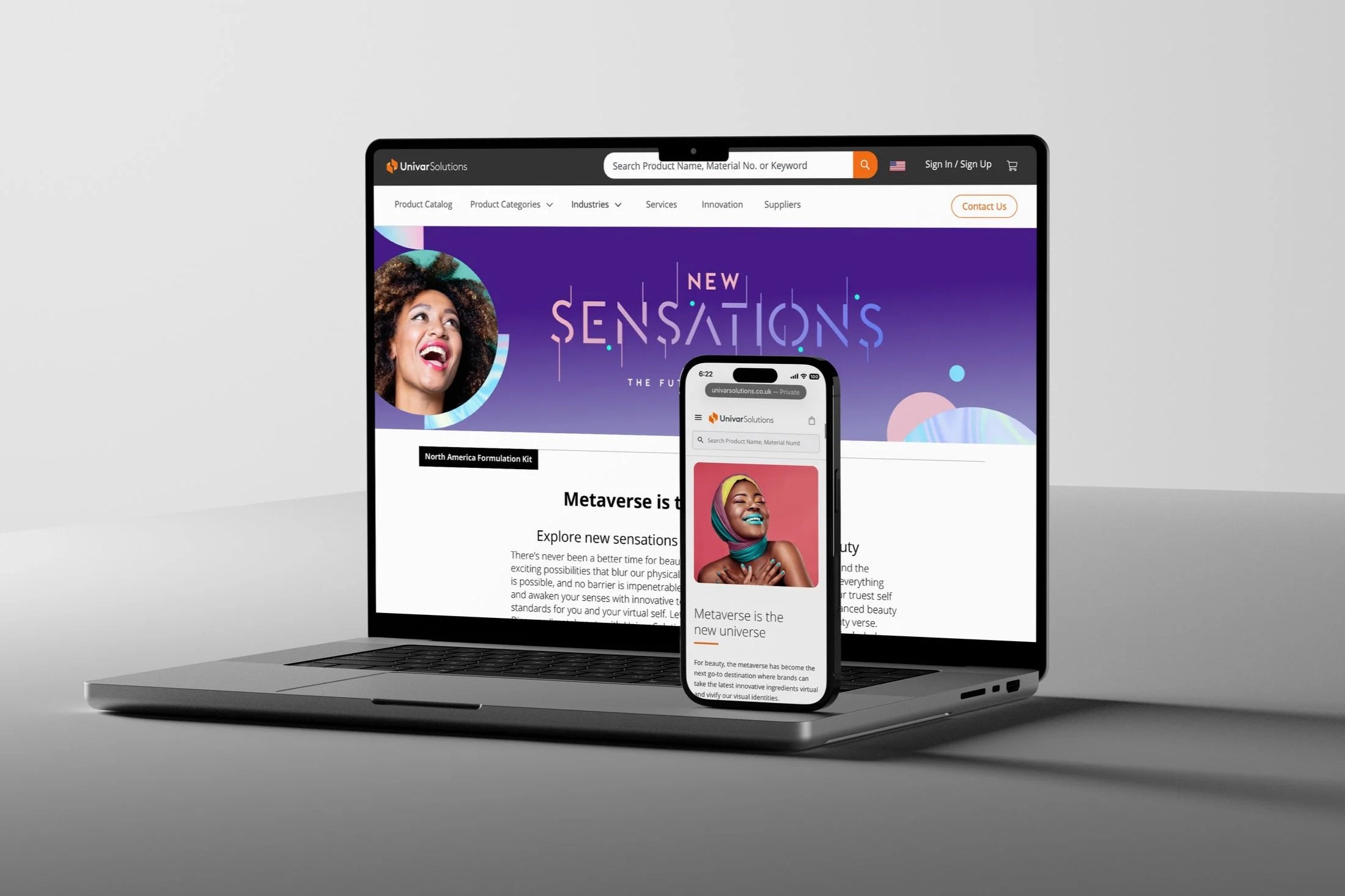 A laptop and a smartphone displaying the same website, which appears to be an industrial products catalog, with colorful banners and a woman's face on the screen.