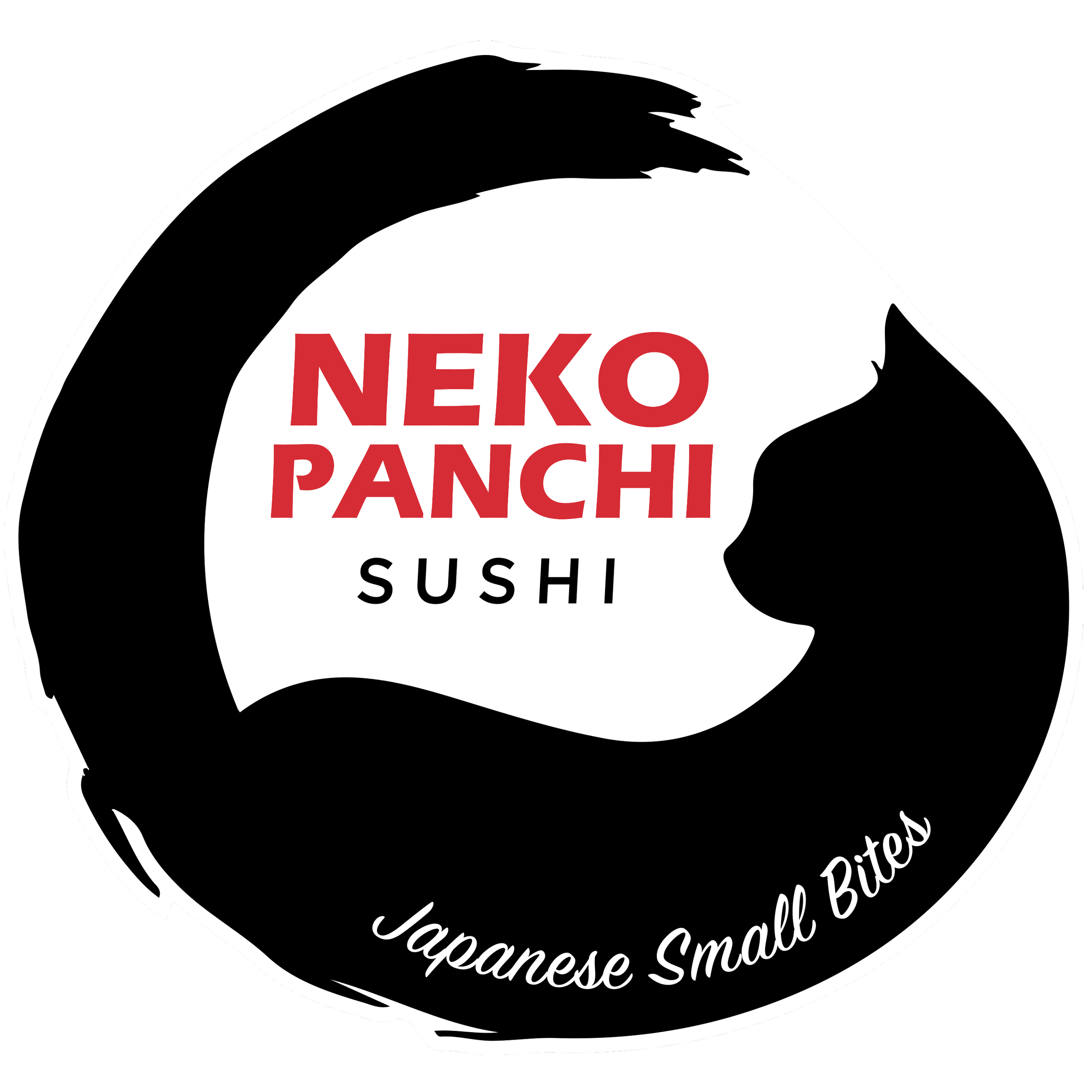 Stylized black, white, and red logo for Neko Panchi Sushi, featuring a cat's head silhouette and text reading 'Japanese Small Bite'.