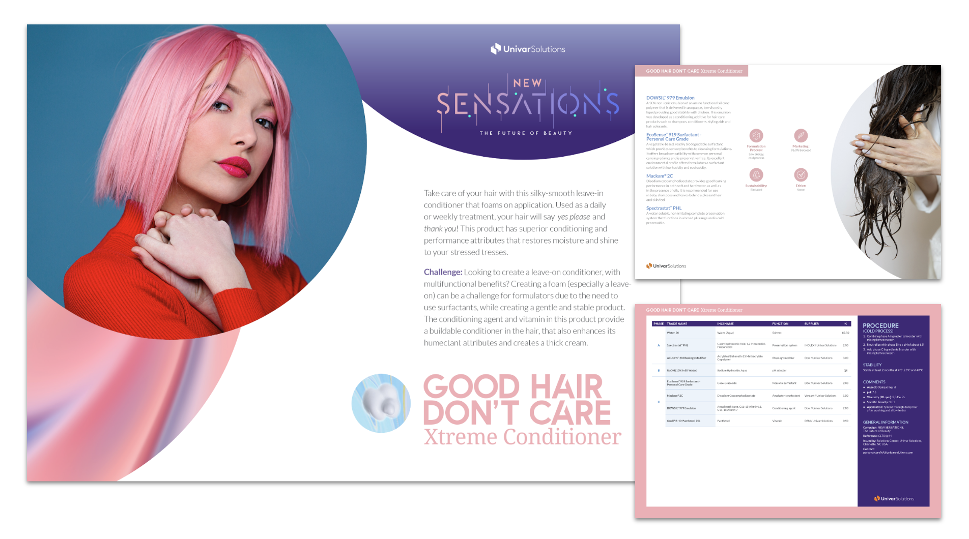 A webpage from Univar Solutions featuring a woman with pink hair and makeup, promoting a hair conditioning product called 'Good Hair Don't Care Xtreme Conditioner' with details about hair treatment benefits and formulation.