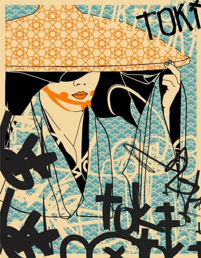 Illustration of a woman in a hat with a wide brim, holding a sign that reads 'TOKT'. She is wearing multiple necklaces with crosses, and the background has a blue floral pattern with an orange decorative element.