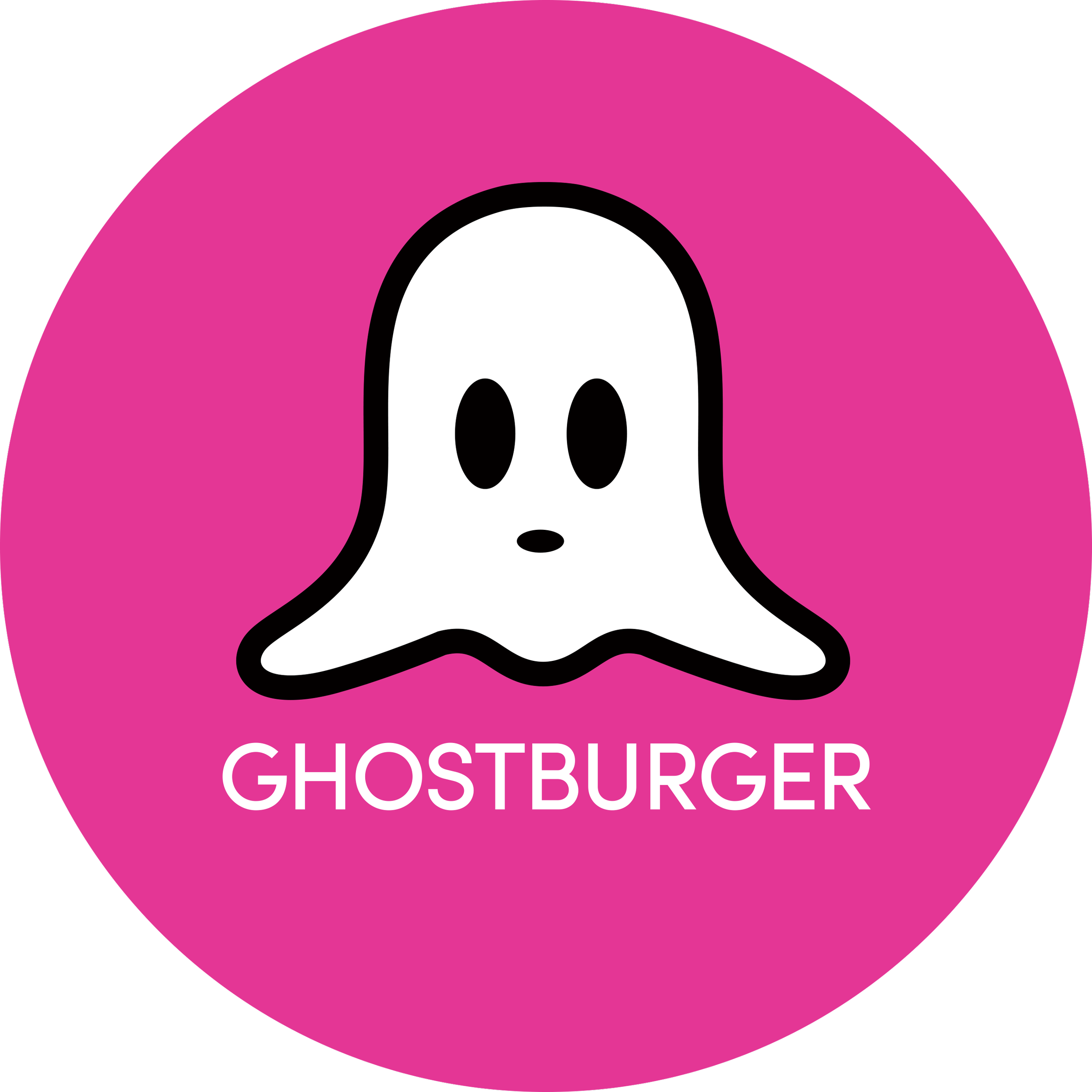 Pink circular logo with a cartoon ghost face and the text 'GHOSTBURGER'.