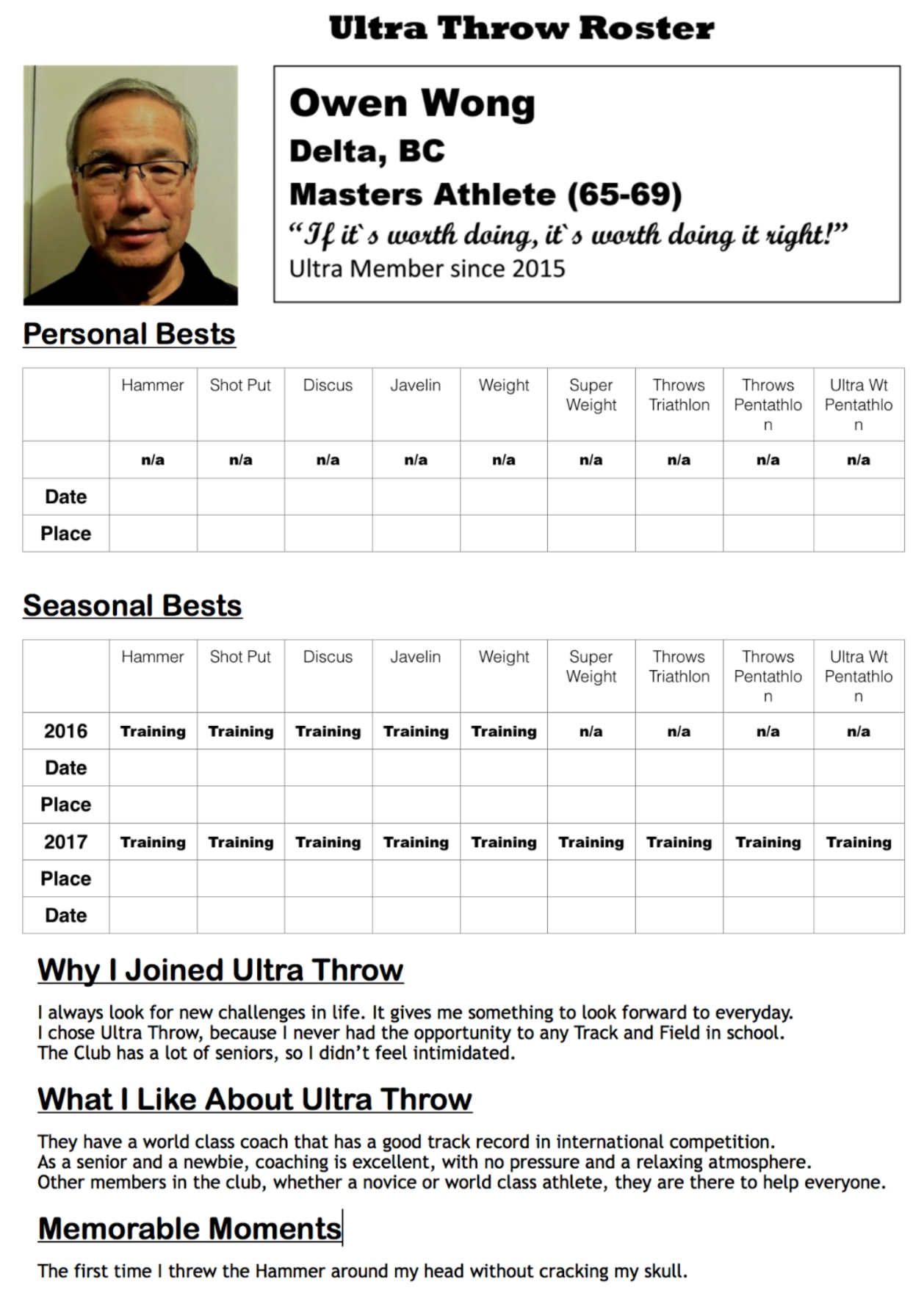 Owen Wong, Masters Athlete, (65-69) Delta, BC.