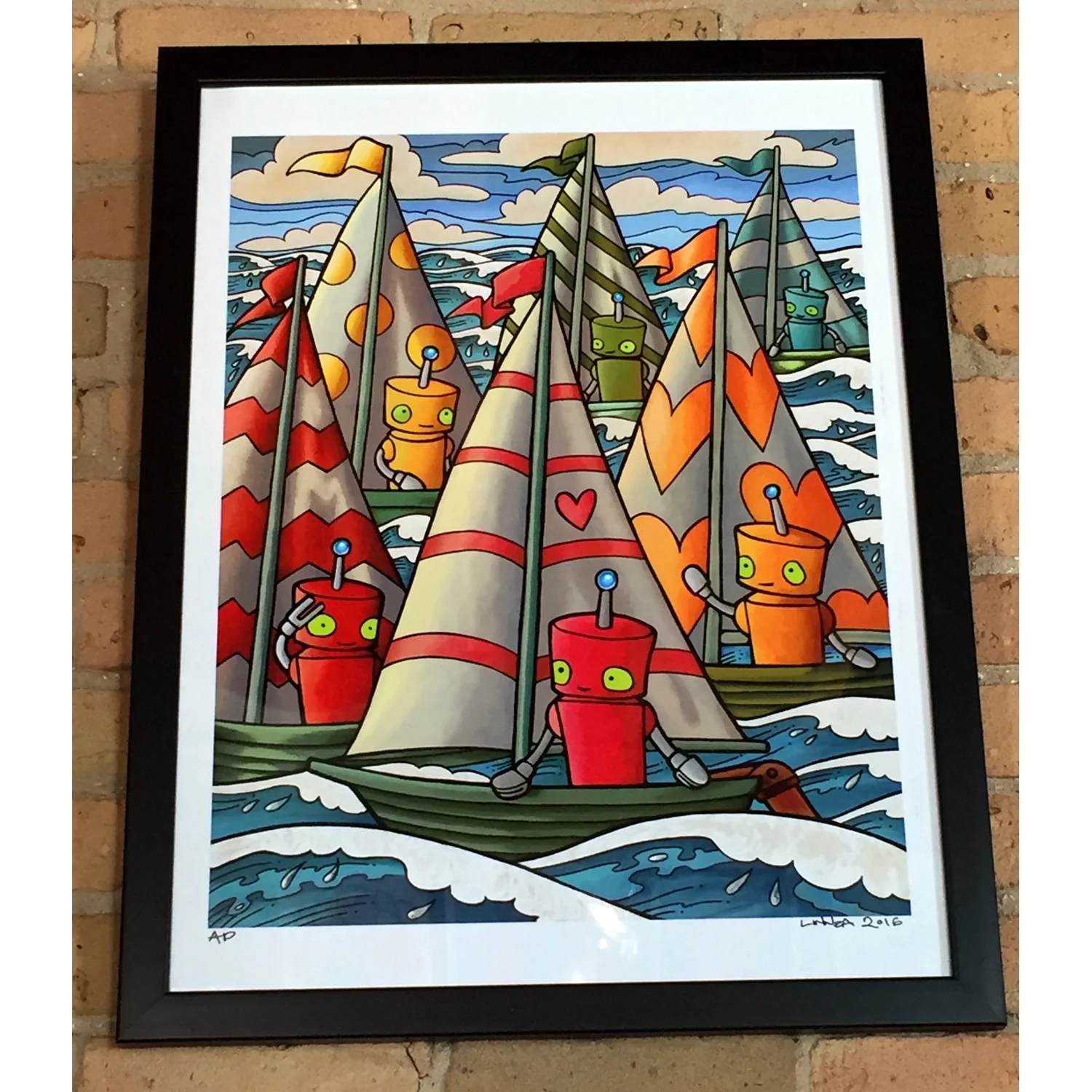 Sailbots framed Robot poster print on brick wall