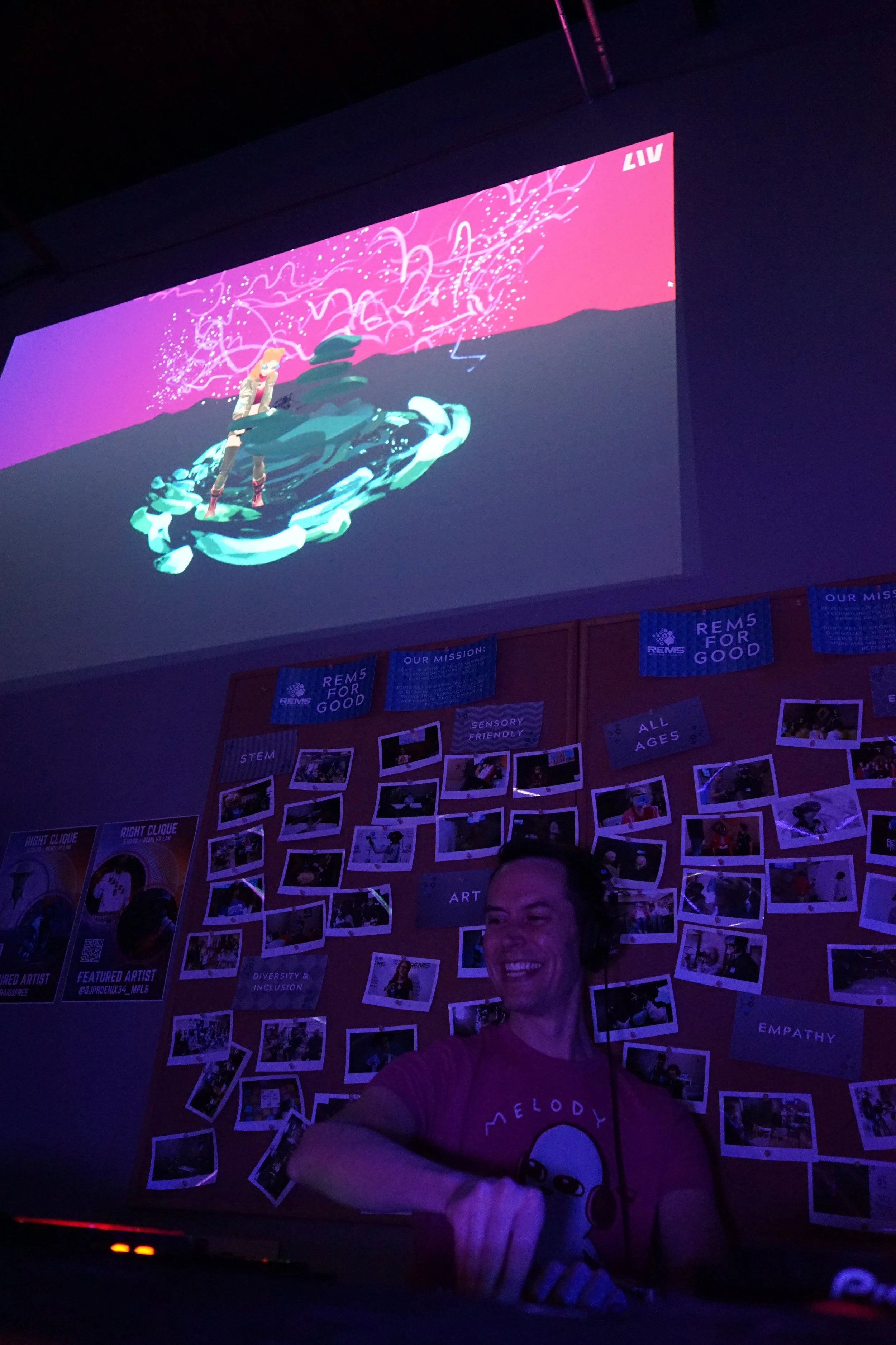  DJ Paul Knox on the decks with InsideTheRobot’s OpenBrush painting projected behind 