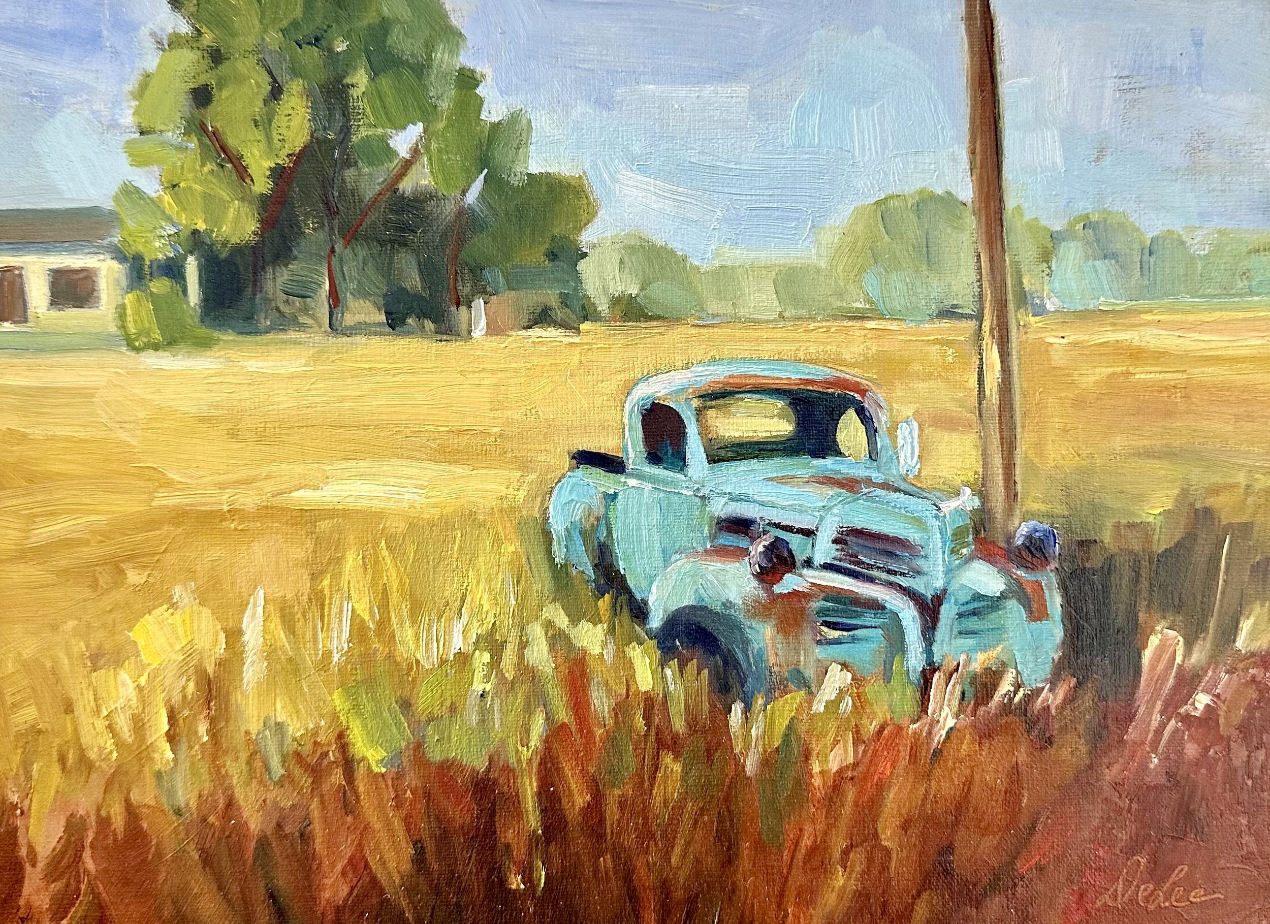 Vintage blue truck resting in a golden prairie field, painted by DeLee Grant