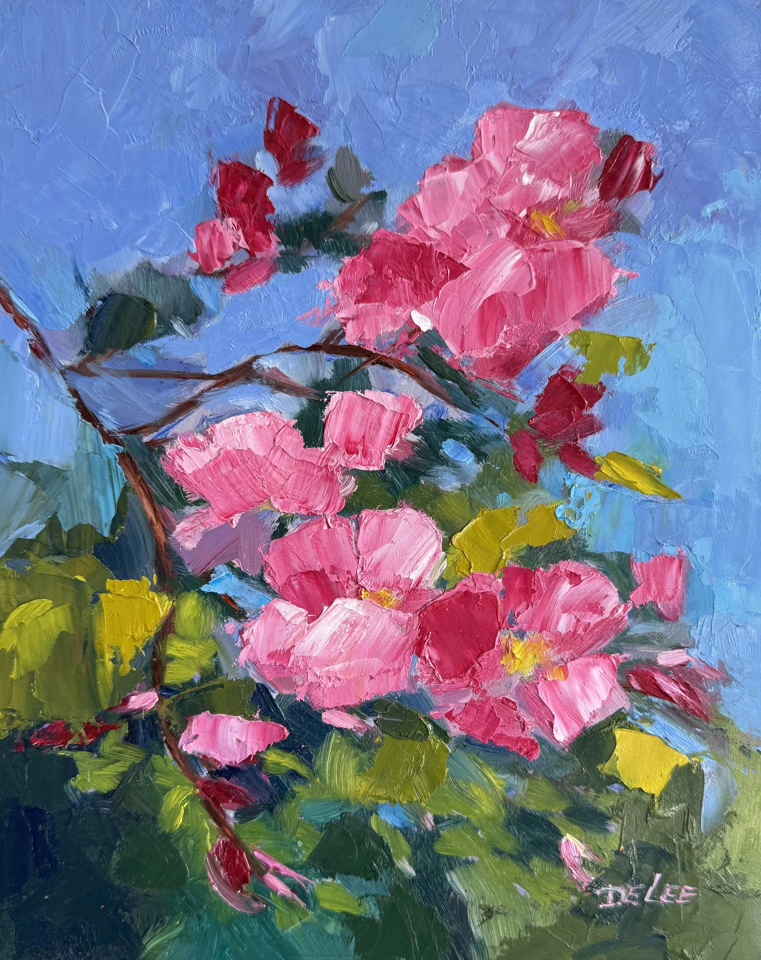 Pink Wild Roses against a bright blue sky, painted by DeLee Grant