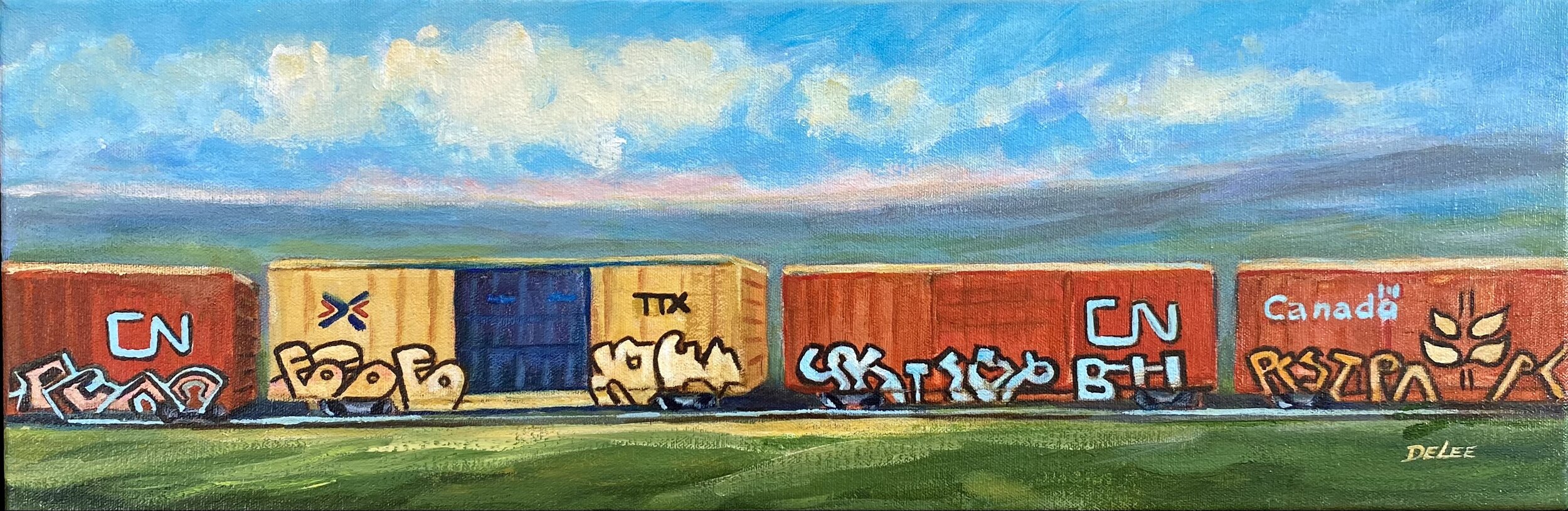 "ART ON THE MOVE", acrylic, 8" x 24"  (Floater frame)