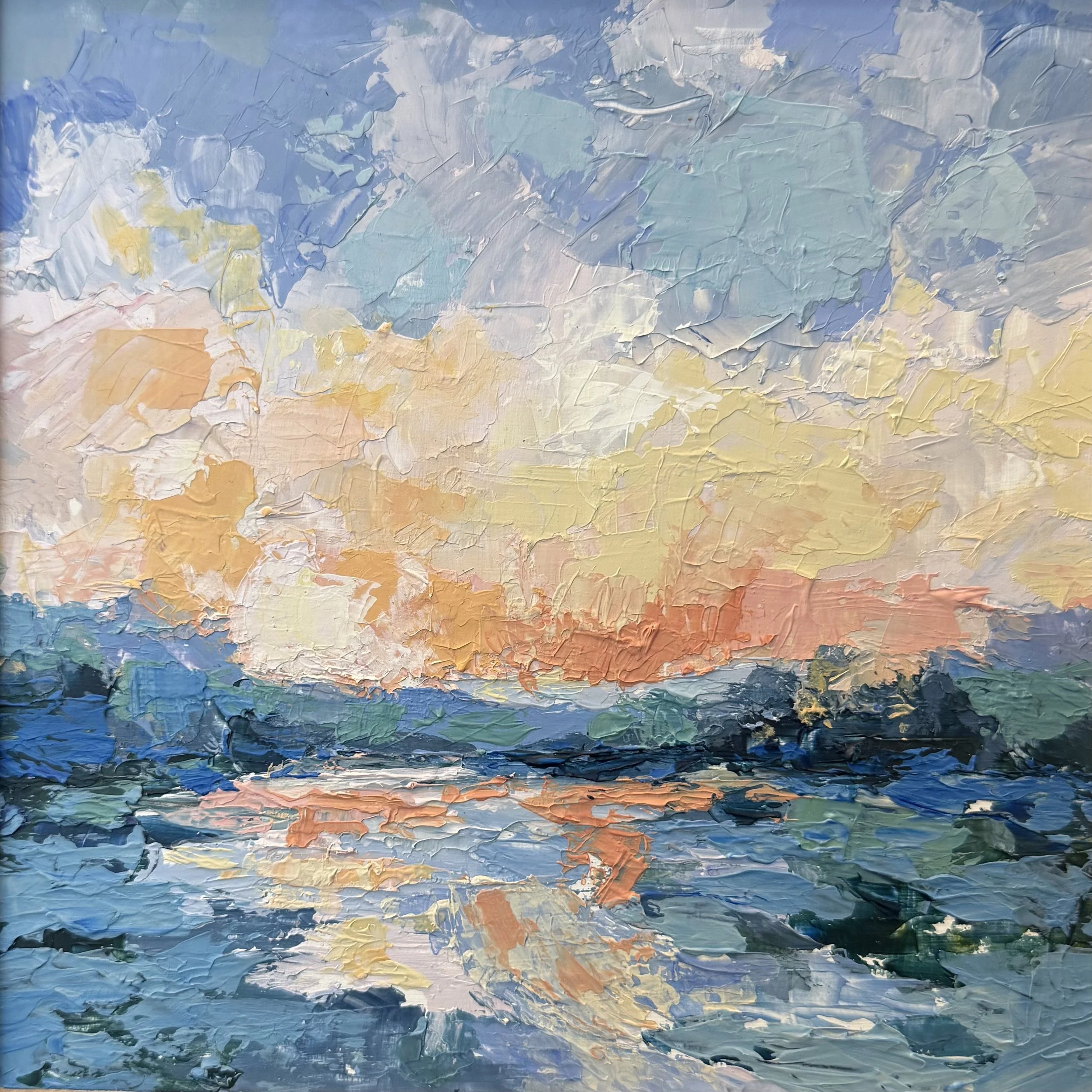Calm water reflecting a soft peach and blue evening sky, painted by DeLee Grant