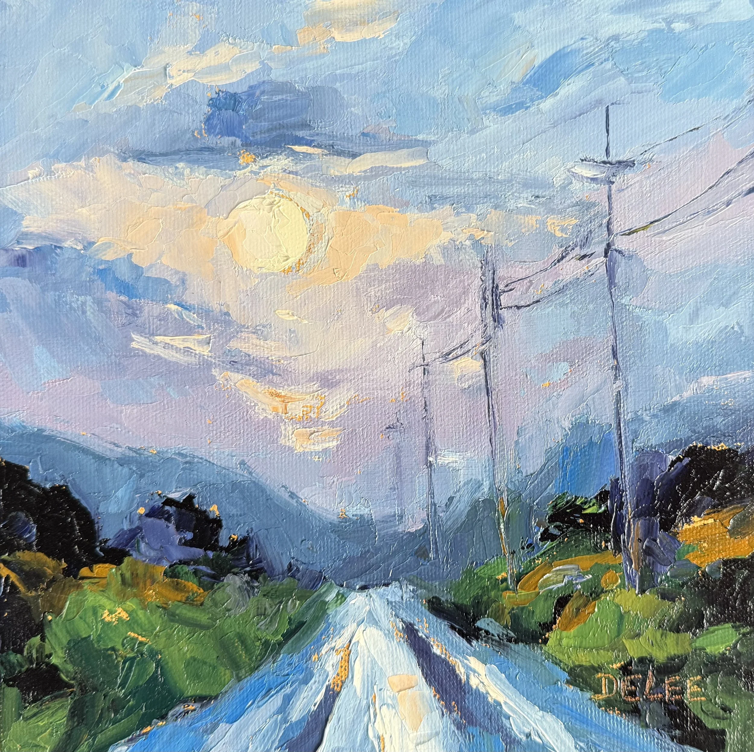 Country road beneath a pale moon and evening sky, painted by DeLee Grant