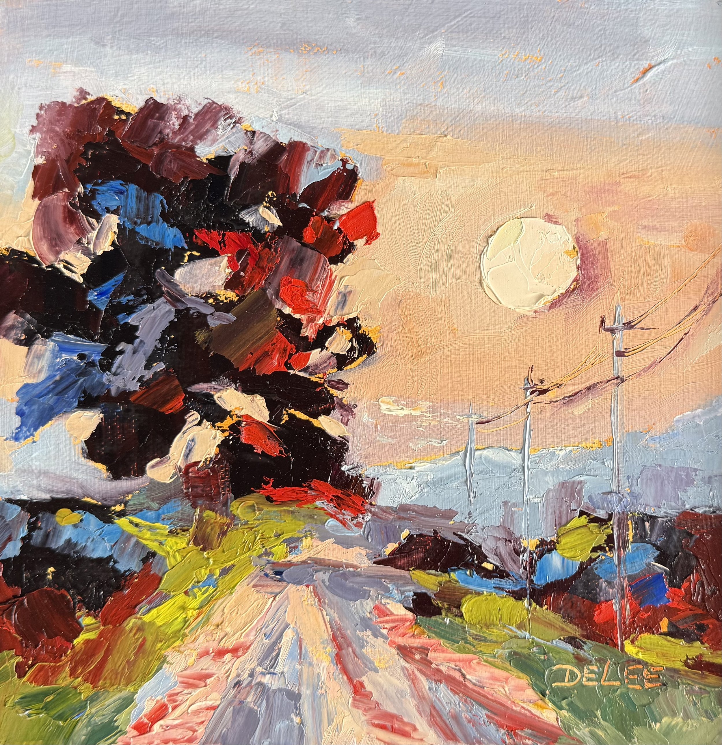 Country road beneath a quiet moonrise, painted by DeLee Grant