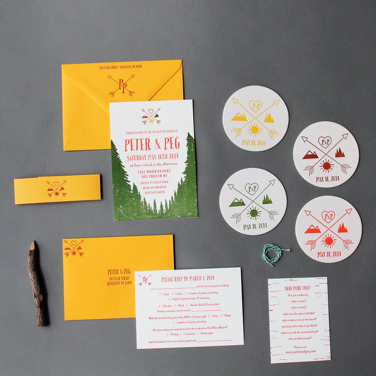 Catskills wedding invitation, Full Moon Resort, camp wedding invitation, letterpress