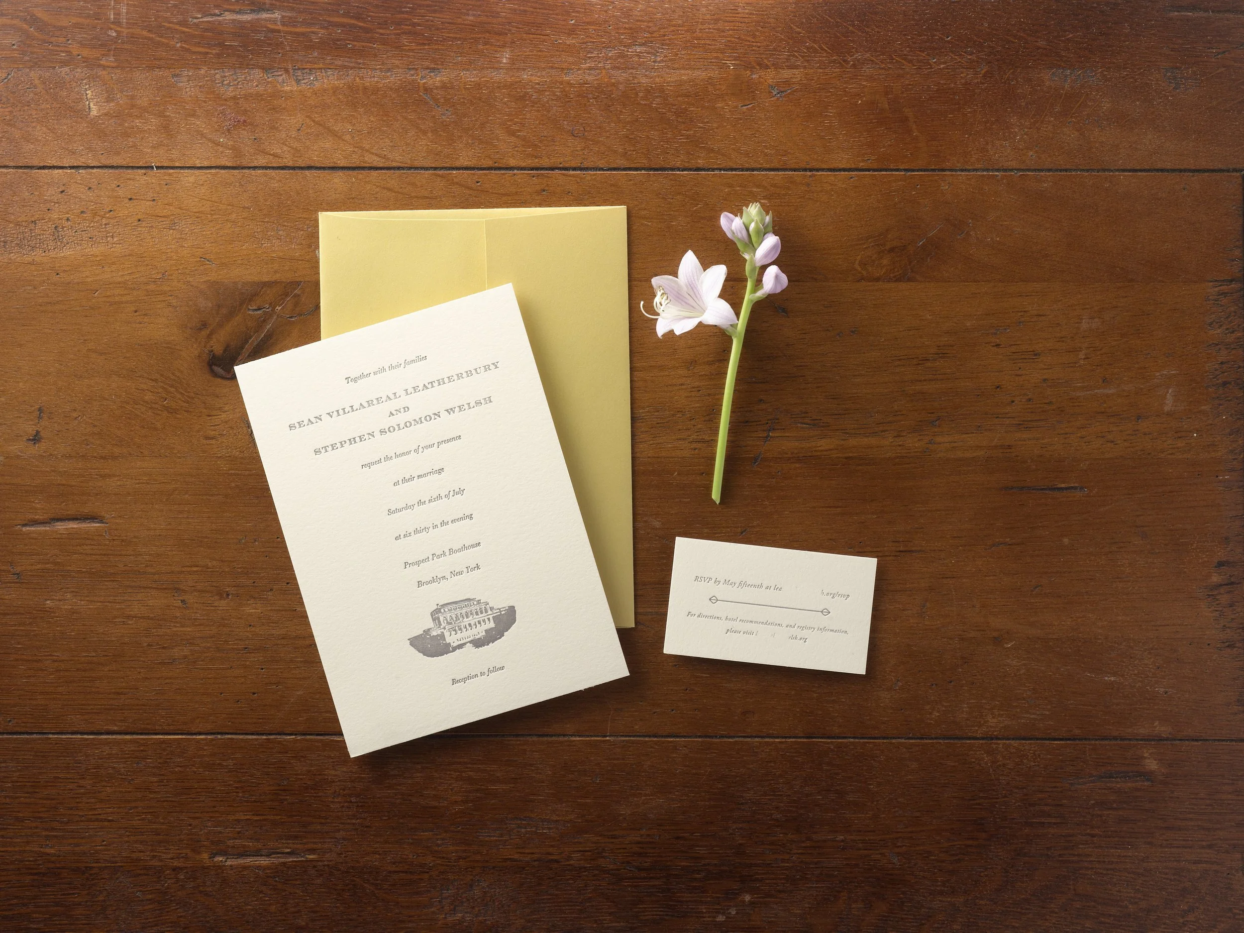 Prospect Park Boat House, Brooklyn NY, letterpress wedding invitation
