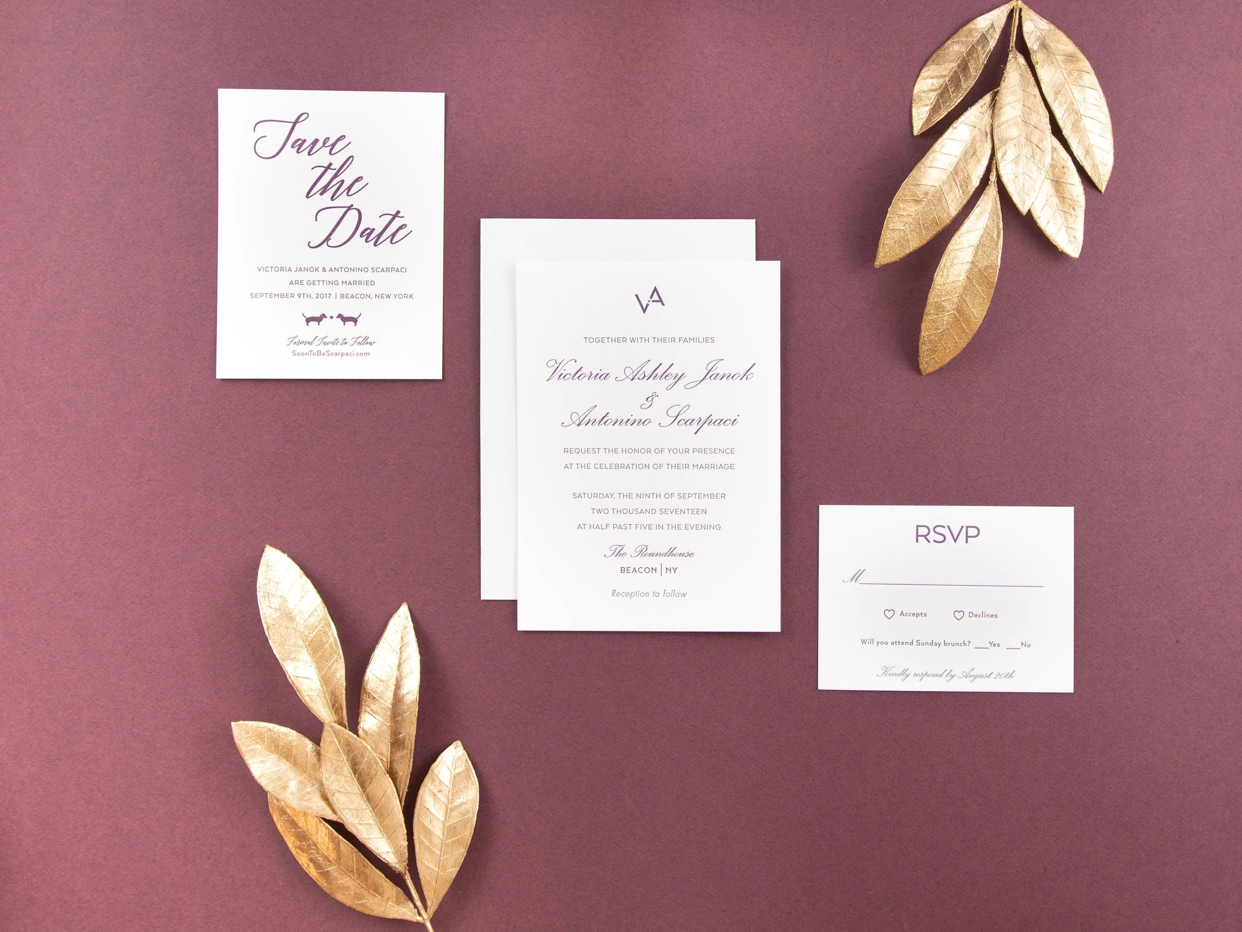 The Roundhouse, Beacon NY, Modern letterpress wedding invitation, dachsunds