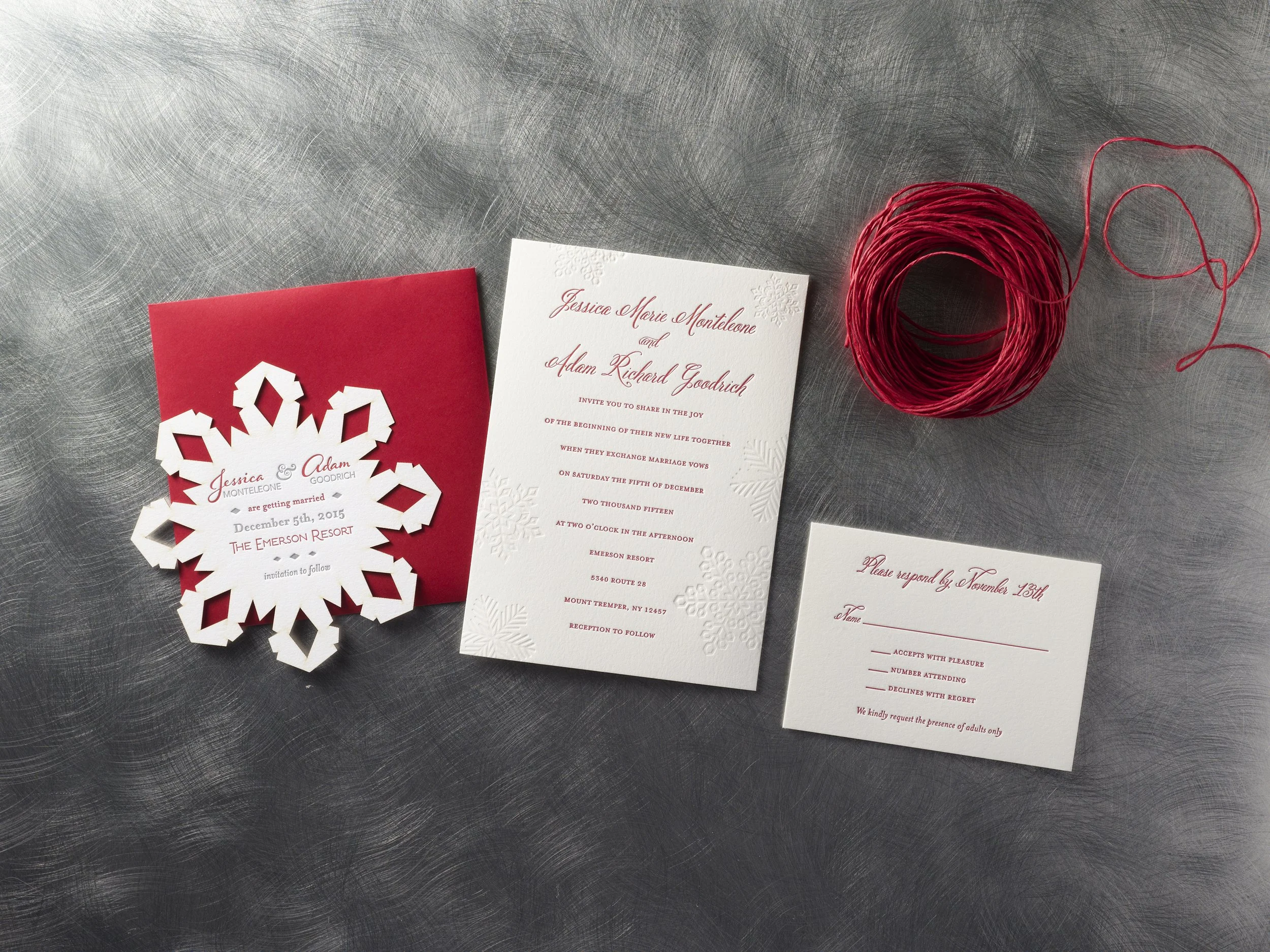 Catskill Mountain Winter wedding, snowflake, letterpress wedding invitation, Hudson Valley, stationery