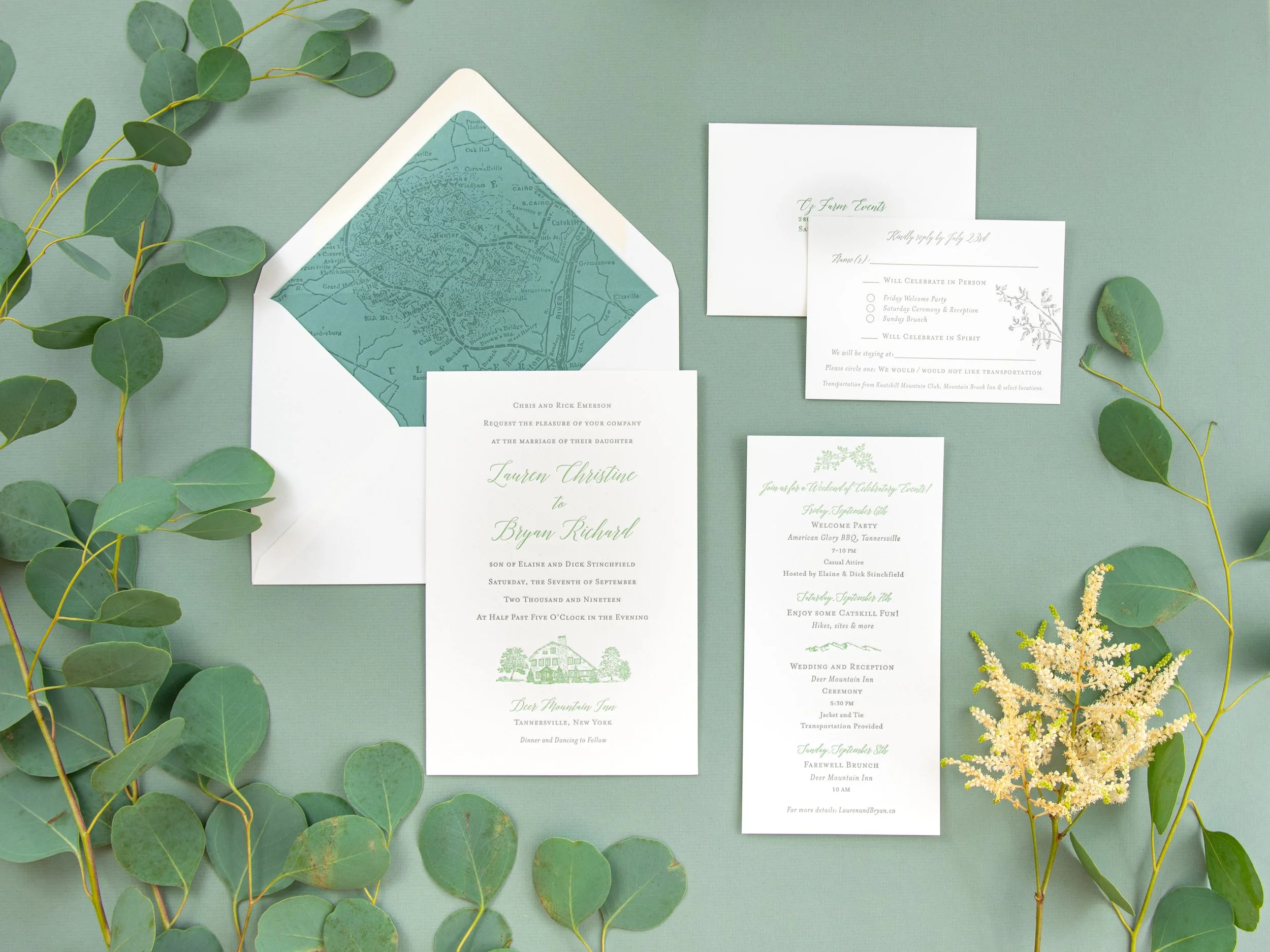 Catskill Mountain Letterpress wedding invitation, vintage map, Deer Mountain Inn