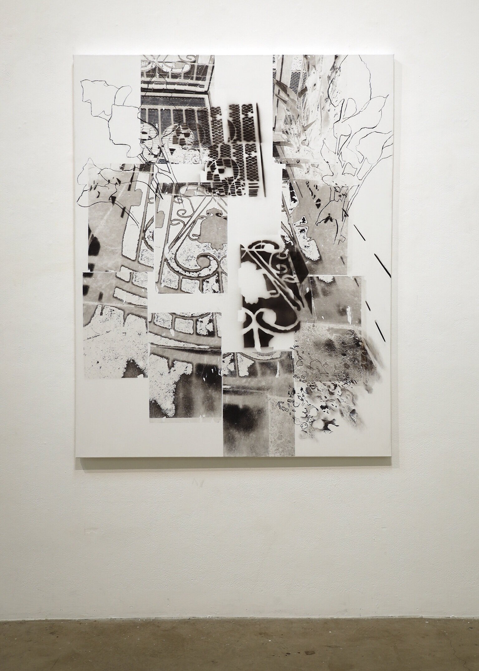 A Perpetual Possibility, 2020, photo transfer, charcoal, spraypaint on canvas, 48"x60"/152x122cms