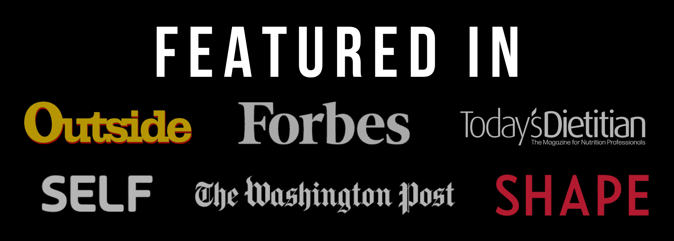 Collection of media outlet logos in which EVOLVE Flagstaff has been featured, including Outside, Forbes, and Shape Magazine