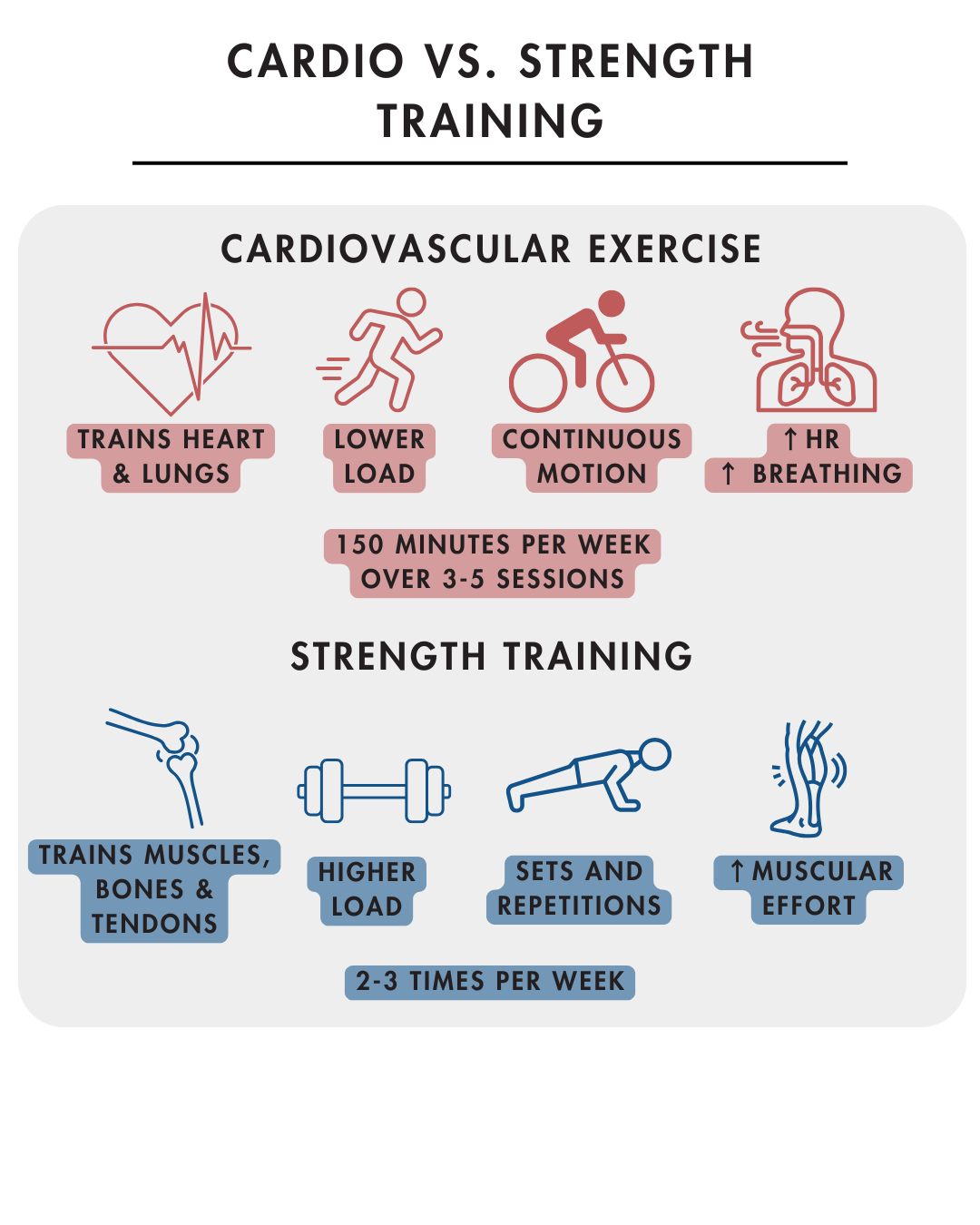 Strength training and cardiovascular exercise comparison infographic