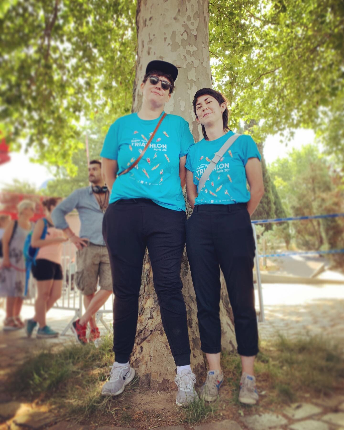 Out supporting the Paris triathletes this morning. Accidentally wore the same outfit. Lots of people think we work here and are asking us complex questions in French. 😂