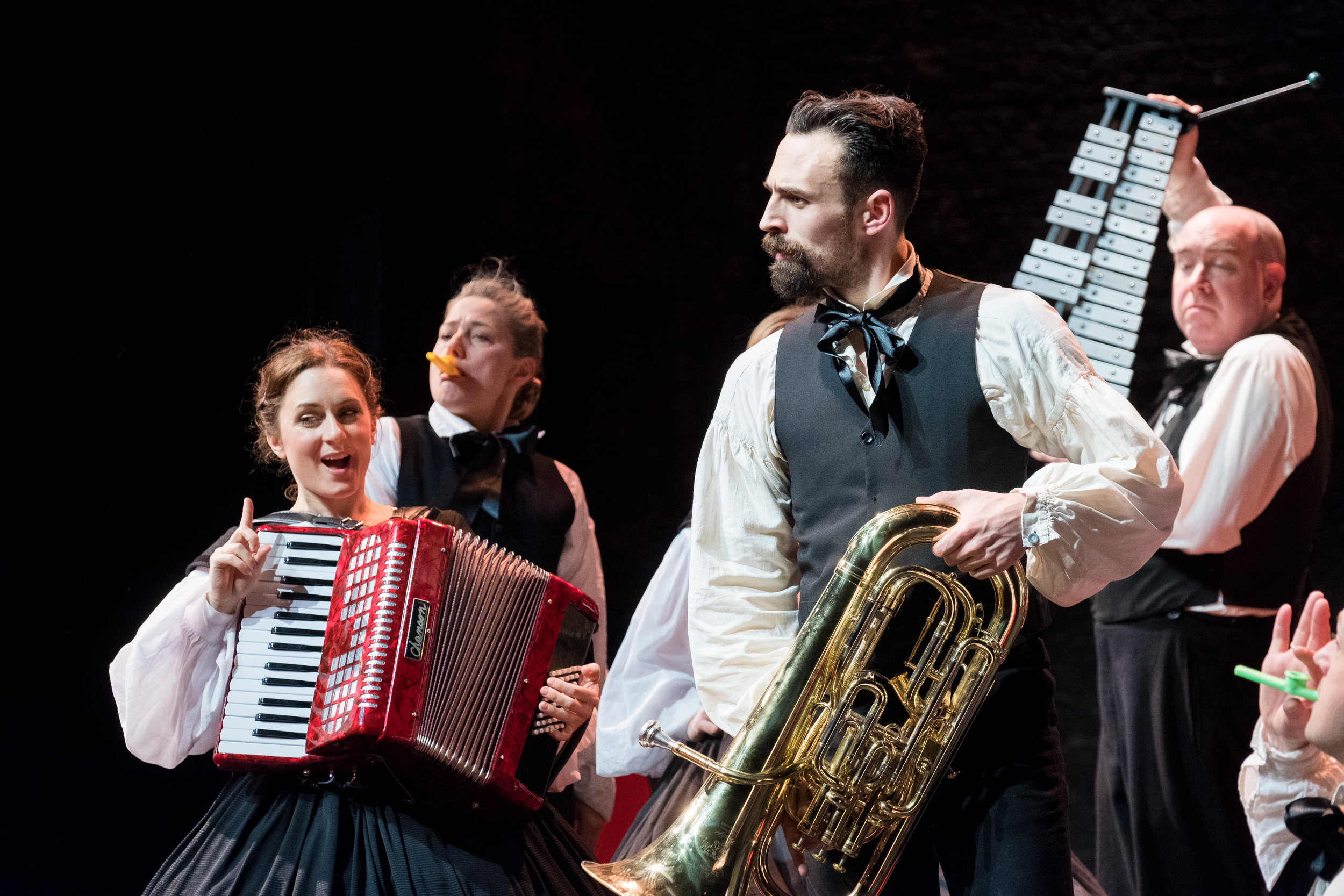  &nbsp;Barbara Hockaday, Jonathan Dryden Taylor, Daniel Goode &amp; Alex Mugnaioni in Alice in Wonderland, Storyhouse, composed by Jude Obermüller (photo by Mark McNulty) 