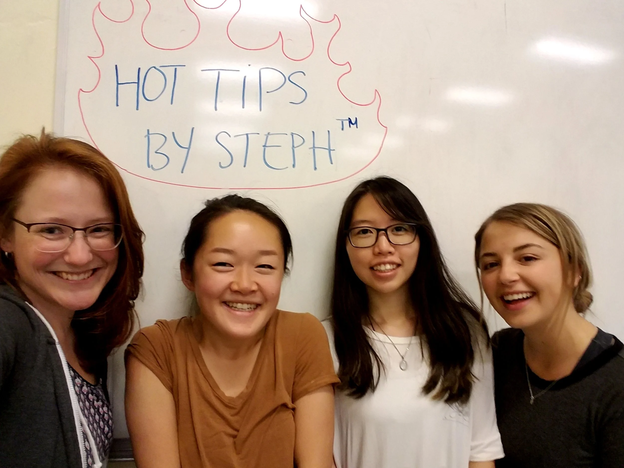 Some of my excellent peer TAs from Spring 2017, who curated a largely nonsensical, sometimes informative series entitled "Hot Tips by Steph" during lab.