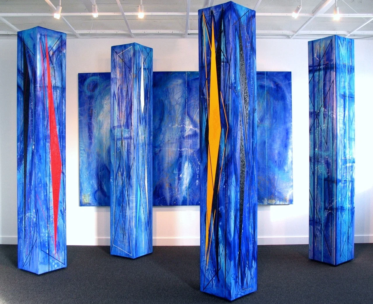 kind of blue, 2006-2007, acrylic on canvas-four towers 12" square x 84" each, wall painting 96" x 60"