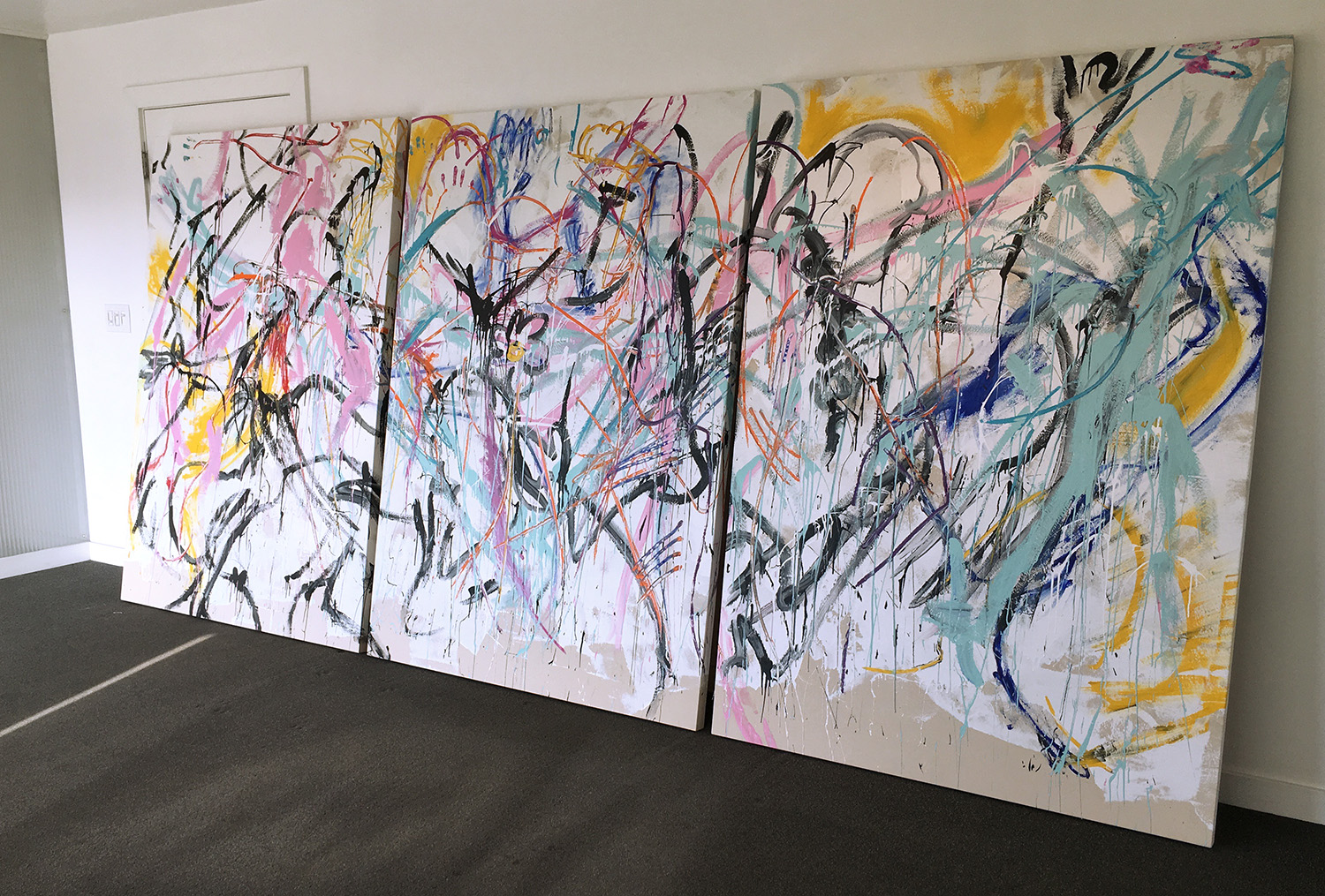 UMOCA #1, participatory live performance painting, 2015, acrylic on canvas, three panels, 156" x 72"