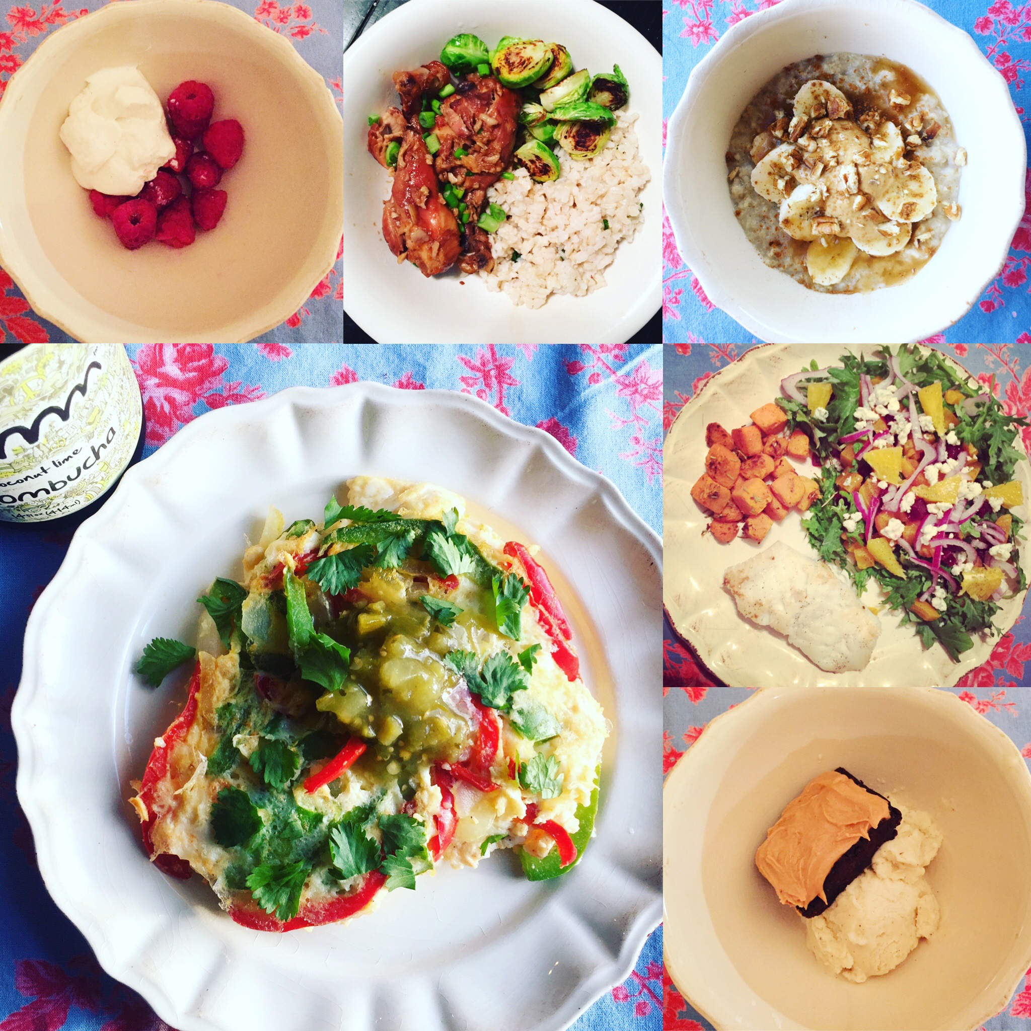 From largest photo clockwise: Breakfast, Mid-morning snack, Lunch, Pre-Workout snack, Dinner, Dessert.