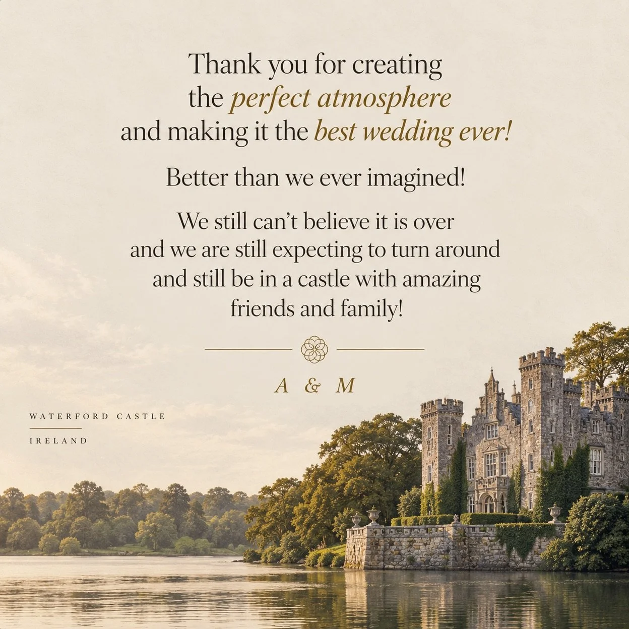 Apparently, we made 🏰 castle life hard to leave. 😏
.
Still not over this one. A beautiful destination wedding in Ireland, surrounded by the incredible Waterford Castle, friends, family, and one seriously memorable celebration. Sound Nation brought 