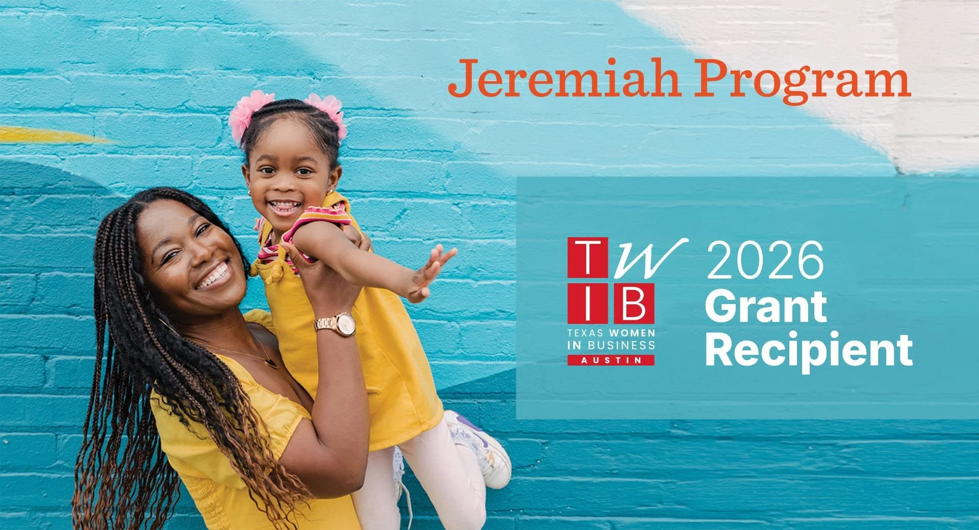 Smiling woman lifting her toddler, both looking at the camera. Jeremiah Program is Texas Women in Business Austin's 2026 Grant Recipient.