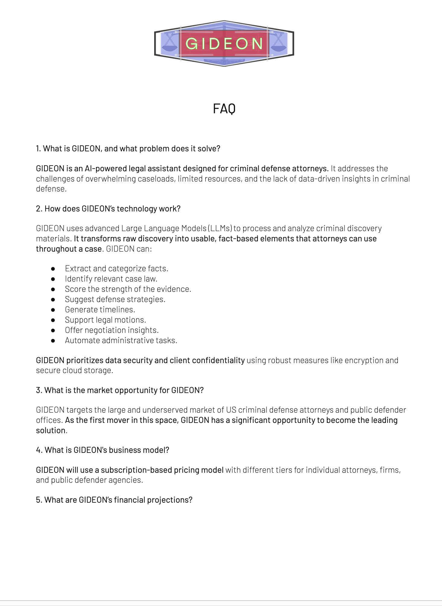 GIDEON logo at the top, with a FAQ document underneath containing questions about GIDEON, an AI-powered legal assistant for criminal defense attorneys.