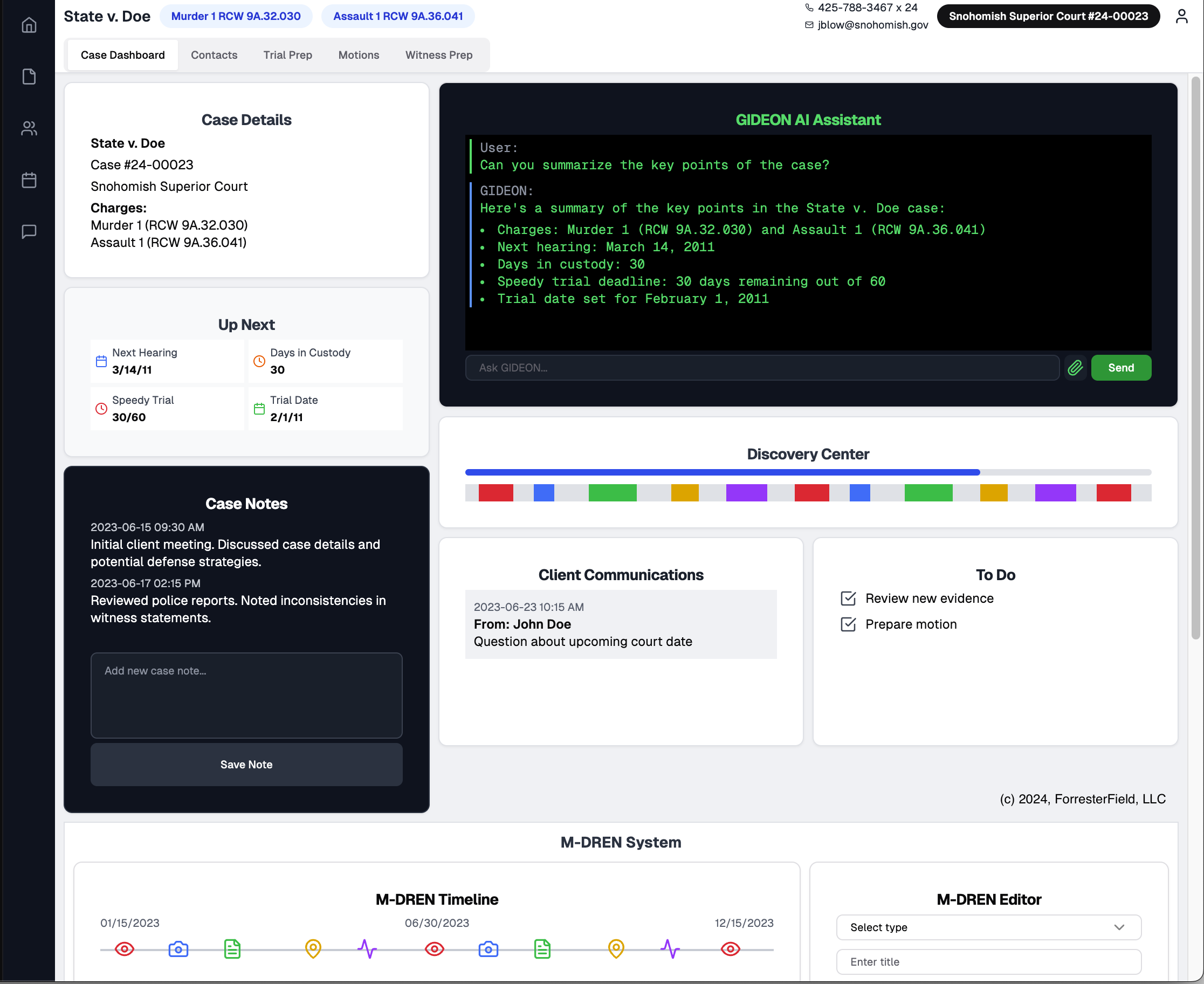Screenshot of a legal case management dashboard for State v. Doe in Snohomish Superior Court, displaying case details, next hearing date, charges, trial date, case notes, client communications, and a discovery center with a timeline.