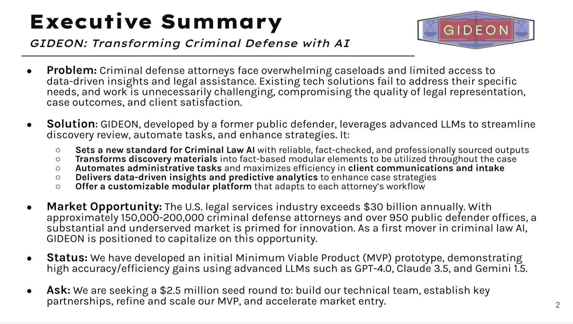 PowerPoint slide titled 'Executive Summary' discussing GIDEON's AI solutions for criminal defense, including problem statement, solution features, market opportunity, status, and funding ask.