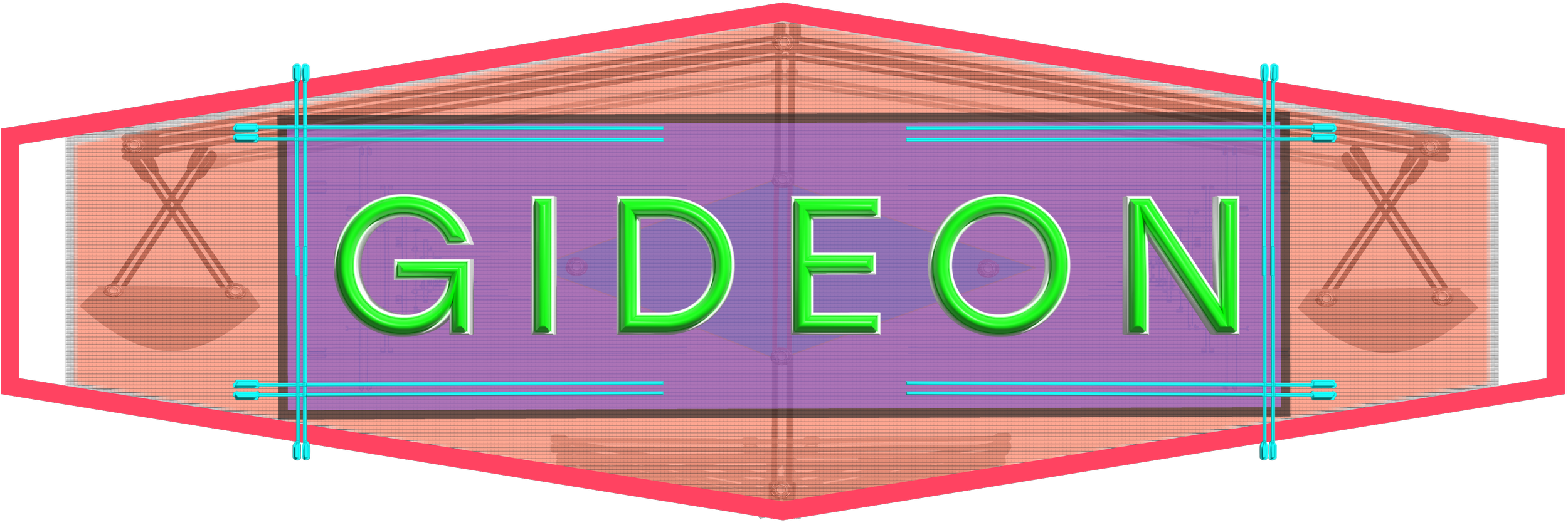Neon sign displaying the name 'GIDEON' in green letters on a purple background, outlined by pink framing, with abstract architectural elements in the background.
